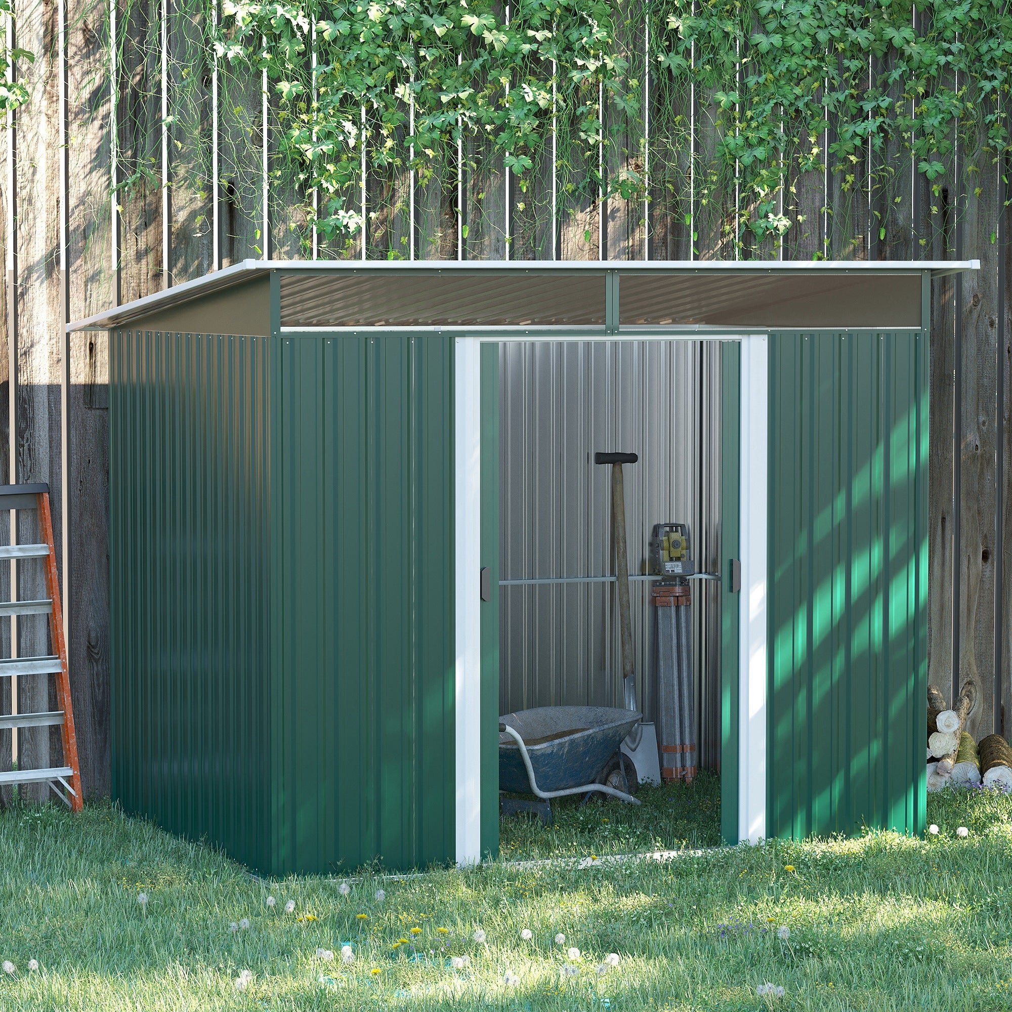 Outsunny 8.5 x 6ft Metal Shed with Lightsky Panels, Garden Storage Tool House with Double Doors for Garden, Patio and Lawn, Green - North Peak Garden Furniture