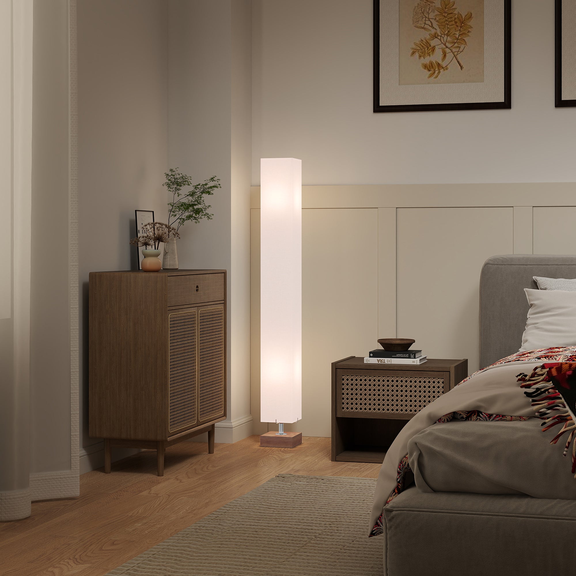HOMCOM 120cm Tall Linen Floor Lamp w/ Wood Base Steel Frame 2 Bulbs Home Lighting Soft Atmospheric Stylish Modern Bedroom Land Cream - North Peak Garden Furniture