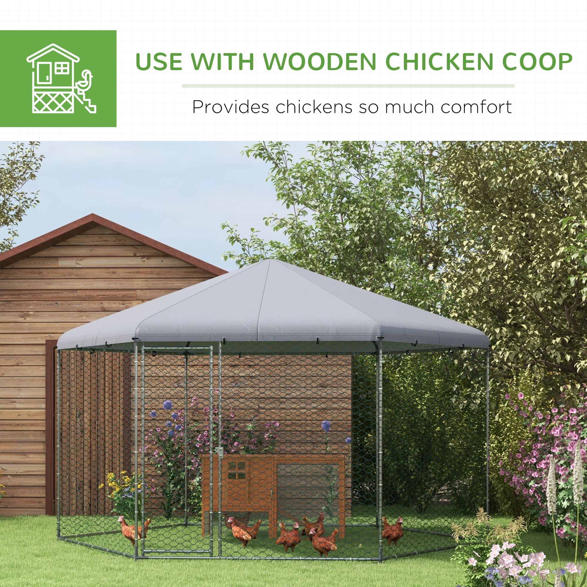 PawHut Chicken Coop for 10-15 Chickens, Hens, Rabbits, Ducks, Outdoor Garden Chicken Run, 4 x 3.5 x 2.6m - North Peak Garden Furniture