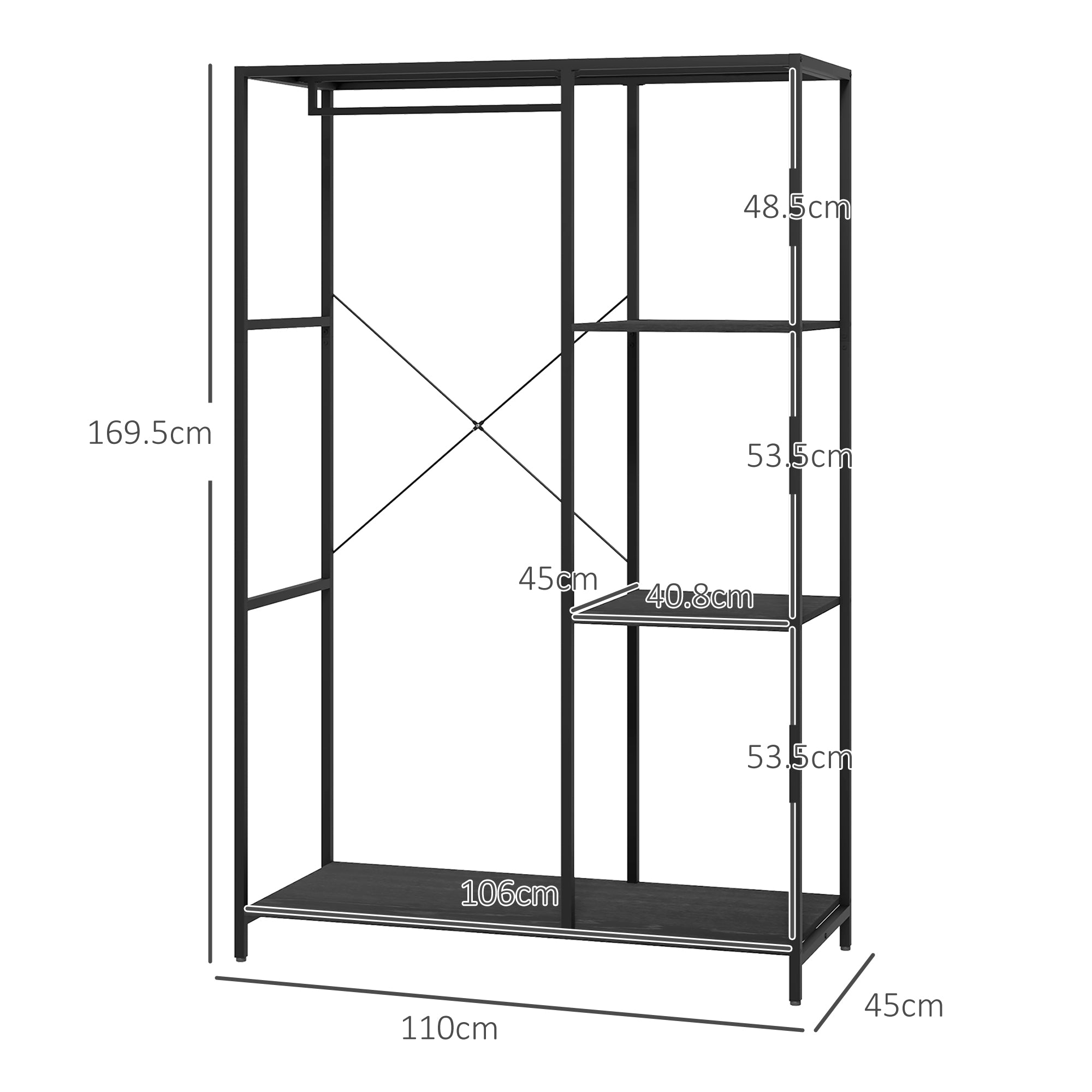 HOMCOM Steel Frame Clothes Storage Rack, with Shelves - Black