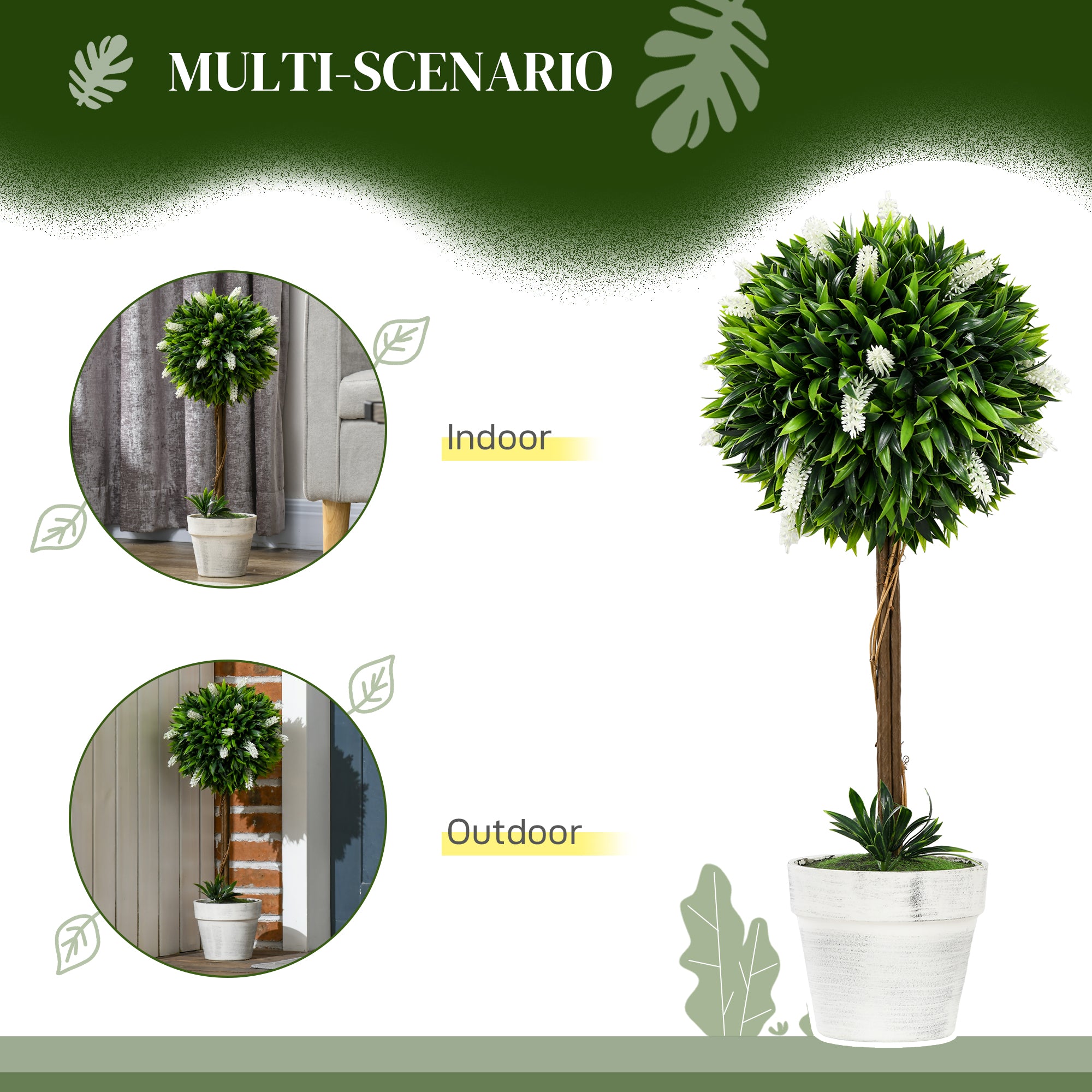 HOMCOM Set of 2 Decorative Artificial Plants Ball Trees with Flower for Home Indoor Outdoor Decor, 60cm ,White - North Peak Garden Furniture