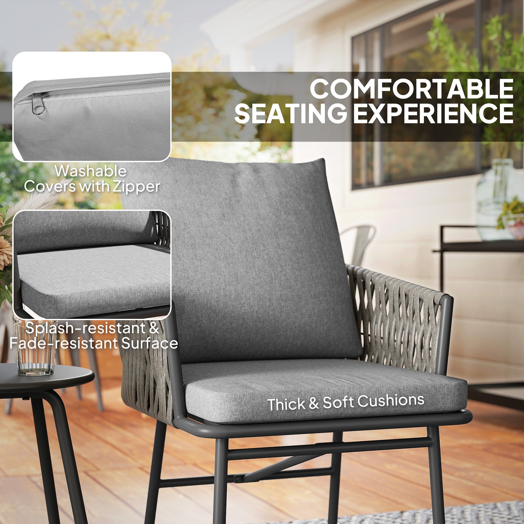 Outsunny 3-Piece Rattan Bistro Set, Garden Table and Chairs with 4 Cushions, Patio Rattan Conversation Furniture Set for Balcony, Porch, Terrace, Grey - North Peak Garden Furniture