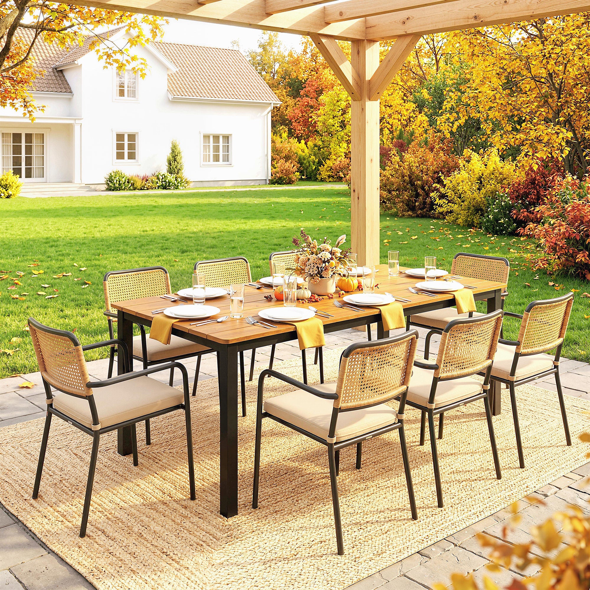 Outsunny Garden Dining Table for 6-8 Person, 180 x 86 cm Rectangular Outdoor Dining Table with Wood Slatted Top, Teak