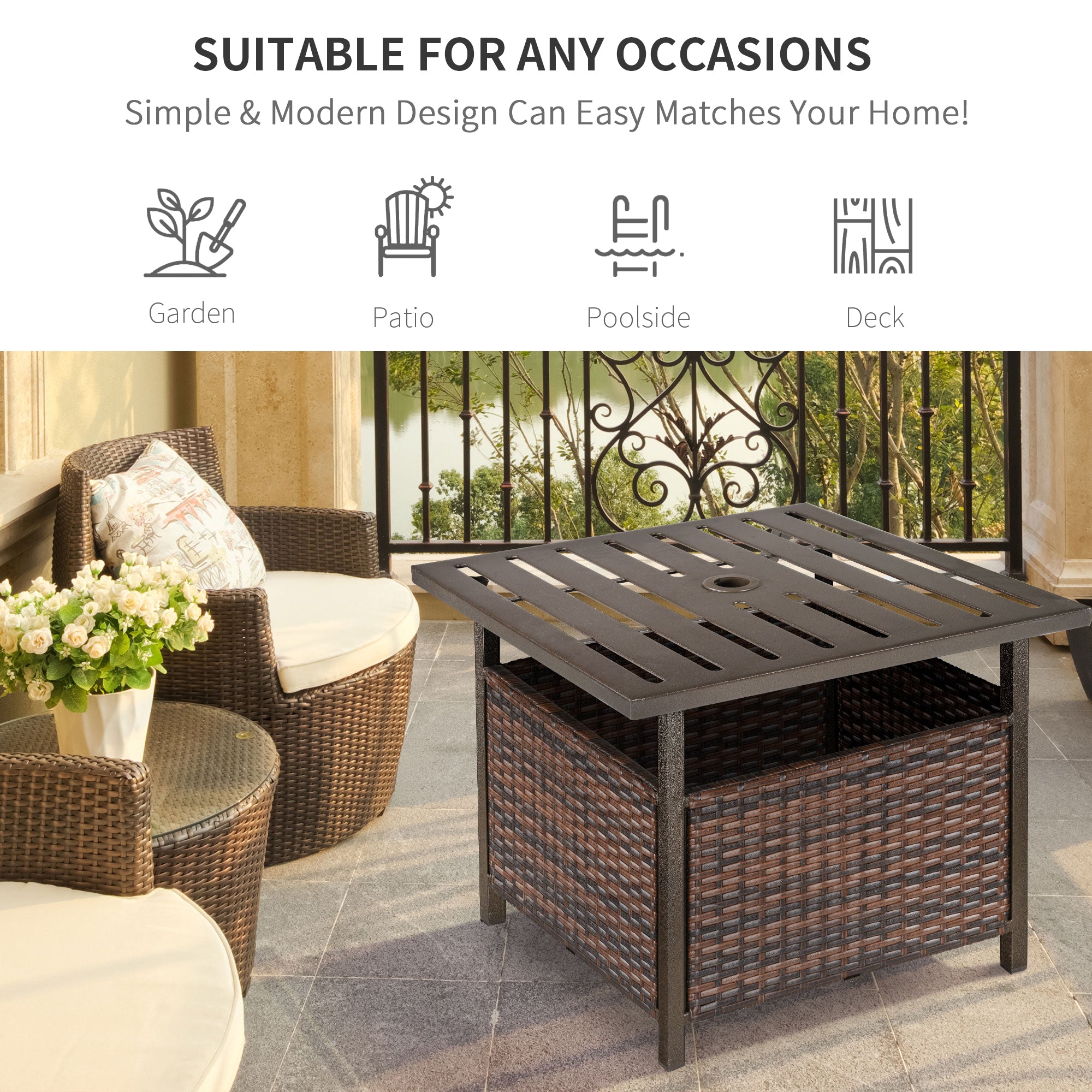Outsunny Outdoor Rattan Wicker Patio Coffee Table w/ Umbrella Hole Suitable for Garden Backyard Brown - North Peak Garden Furniture