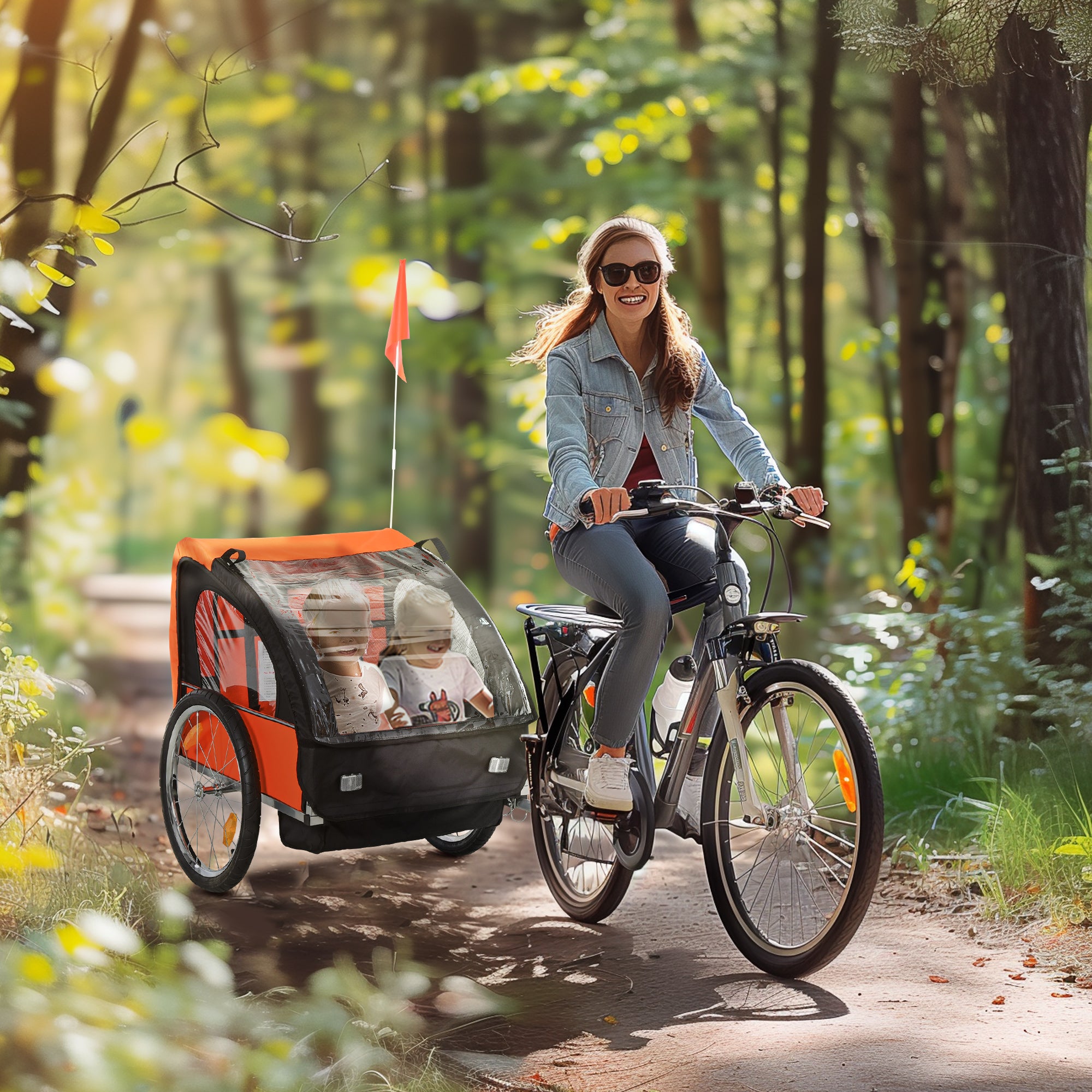 HOMCOM 2 Seat Bike Trailer Bicycle wagon for Kids Child Steel Frame Safety Harness Seat Carrier Orange Black 130 x 76 x 88 cm - North Peak Garden Furniture