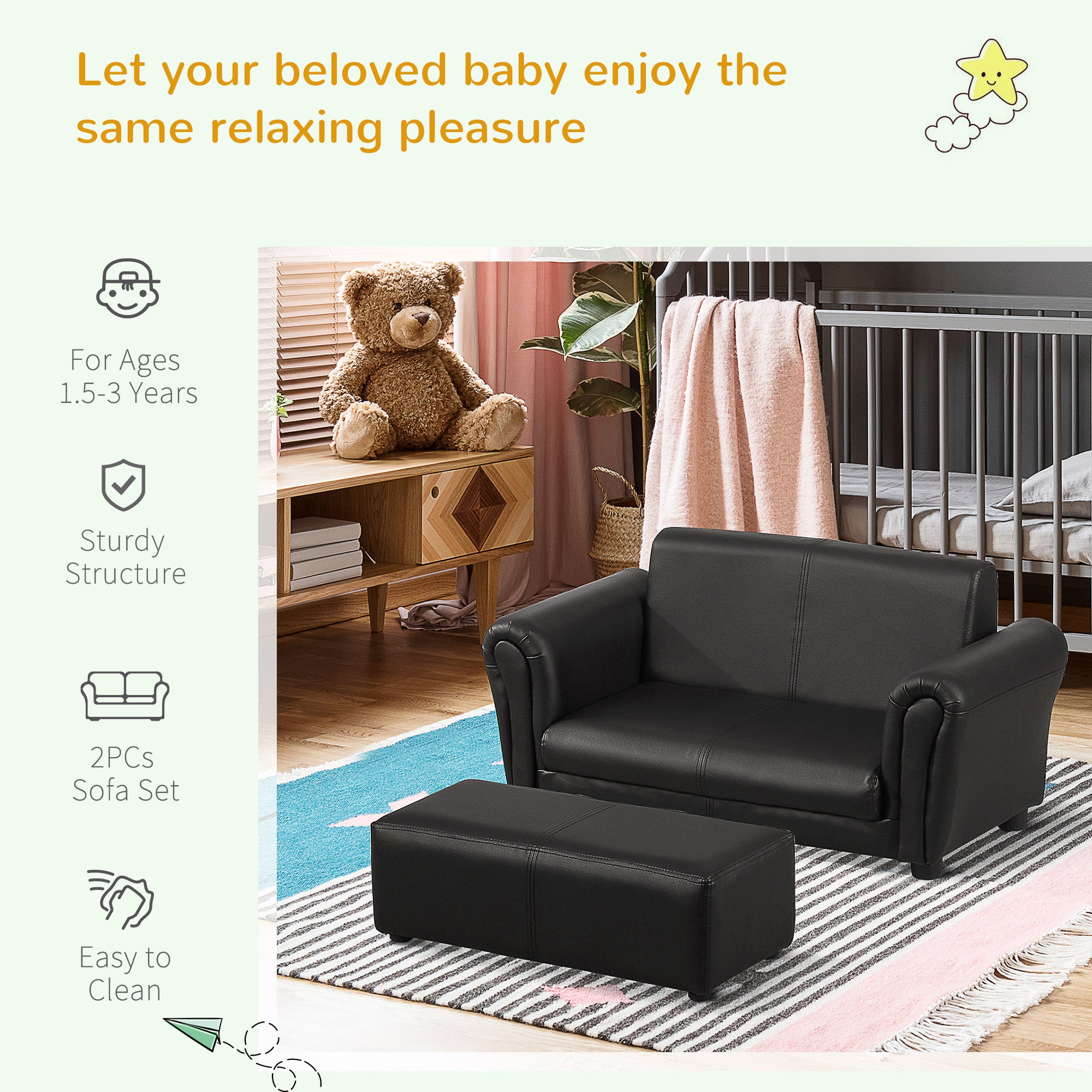 HOMCOM Kids Sofa Bed Kids Twin Sofa Toddler Chair 2 Seater Kids Twin Sofa Chair Boys Girls Couch w/ Footstool (Black) - North Peak Garden Furniture