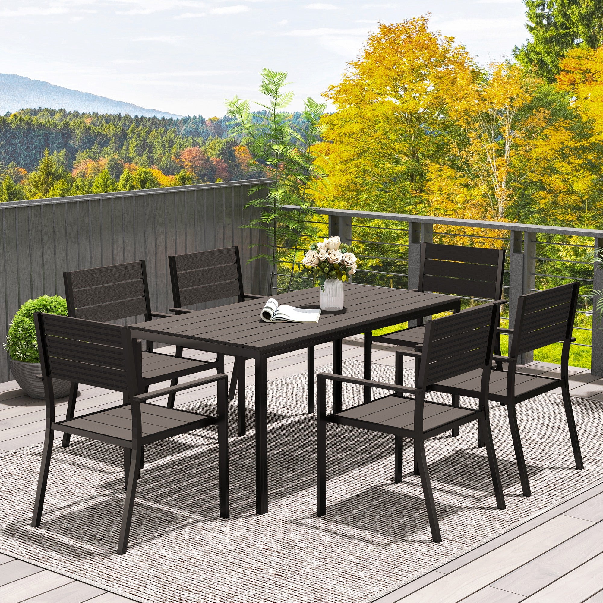 Outsunny 7 Piece Garden Furniture Set, 160 x 80 cm Rectangle Table and 6 Stackable Chairs Set, Outdoor Dining Set for Balcony, Deck, Dark Brown - North Peak Garden Furniture