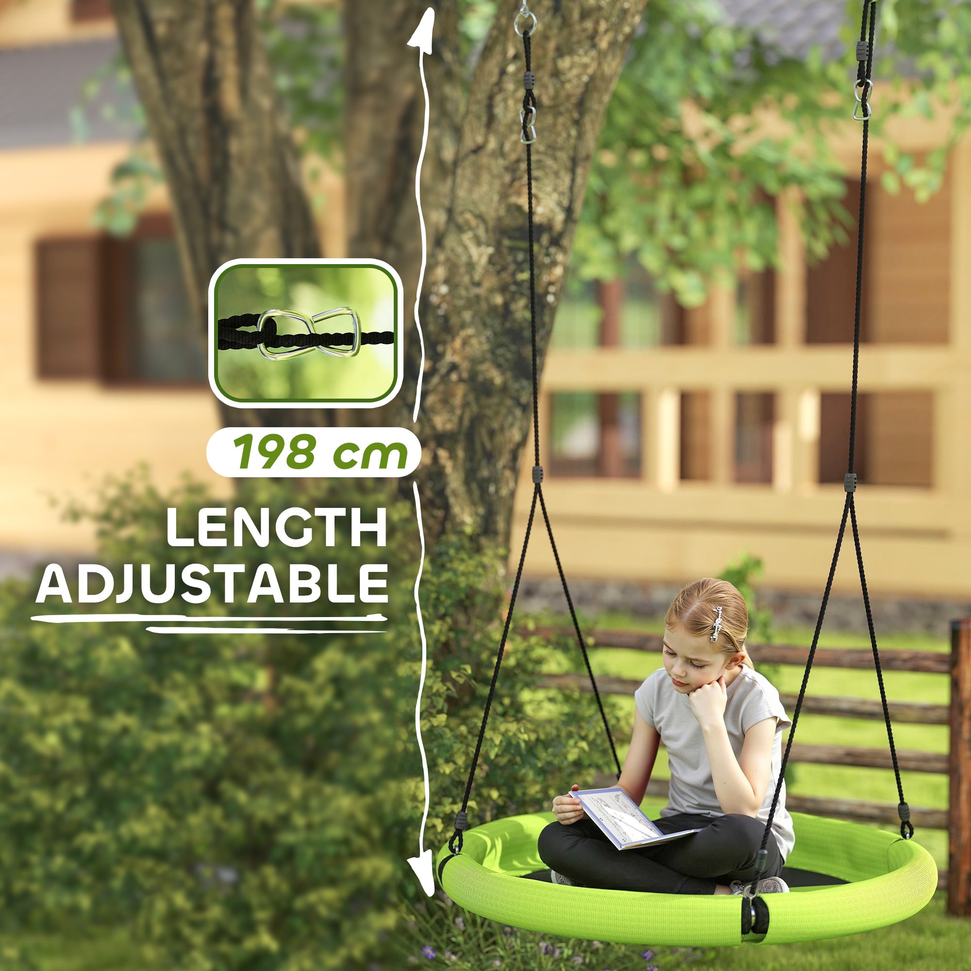 AIYAPLAY 100cm Diameter Nest Swing Seat for Kids with Height Adjustable Hanging Ropes for Outdoor, Playground, Garden, Green - North Peak Garden Furniture