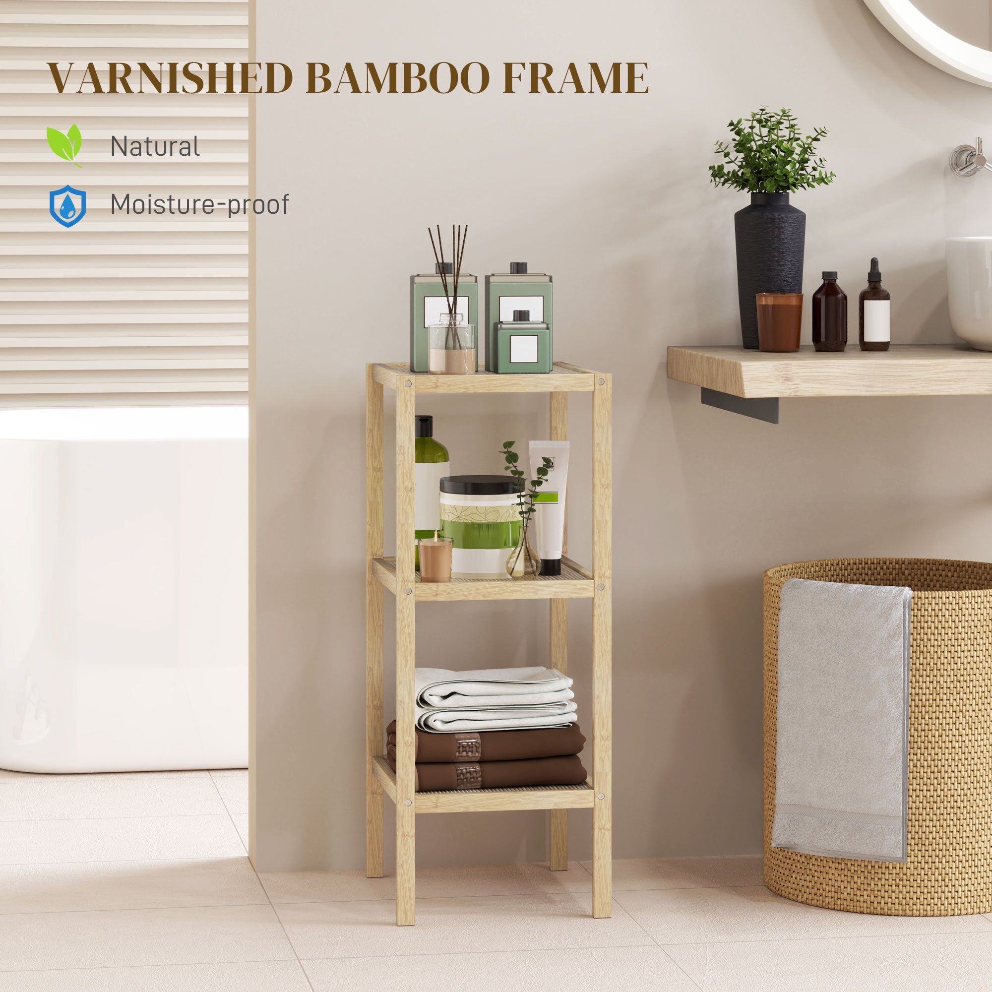HOMCOM 3-Tier Bamboo Bathroom Storage Shelves, Freestanding Storage Shelving Unit, Multifunctional Display Plants Stand Shelf Rack Organiser, Natural - North Peak Garden Furniture
