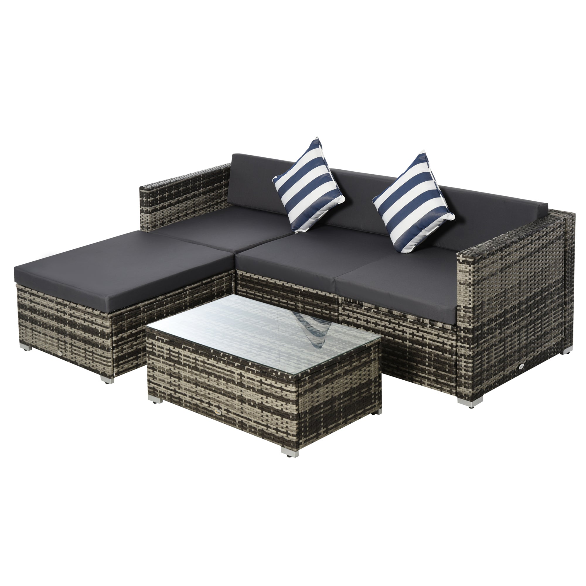 Outsunny 4-Seater Garden Rattan Furniture Set, Outdoor Sectional Conversation PE  Rattan Sofa Set, with Cushions Pillows and Glass Table, Mixed Grey