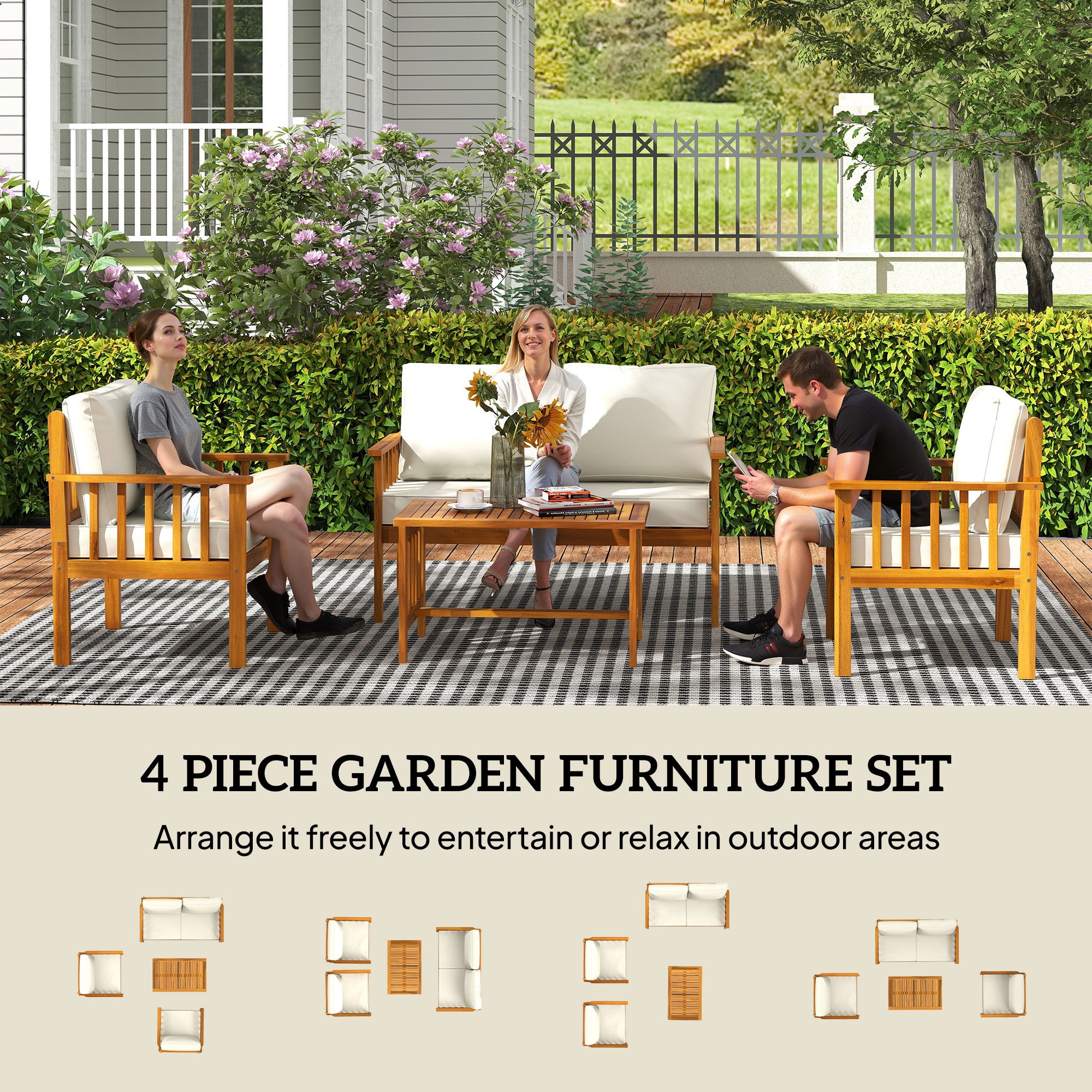 Outsunny Four-Piece Acacia Wood Garden Sofa Set - Teak/Cream - North Peak Garden Furniture