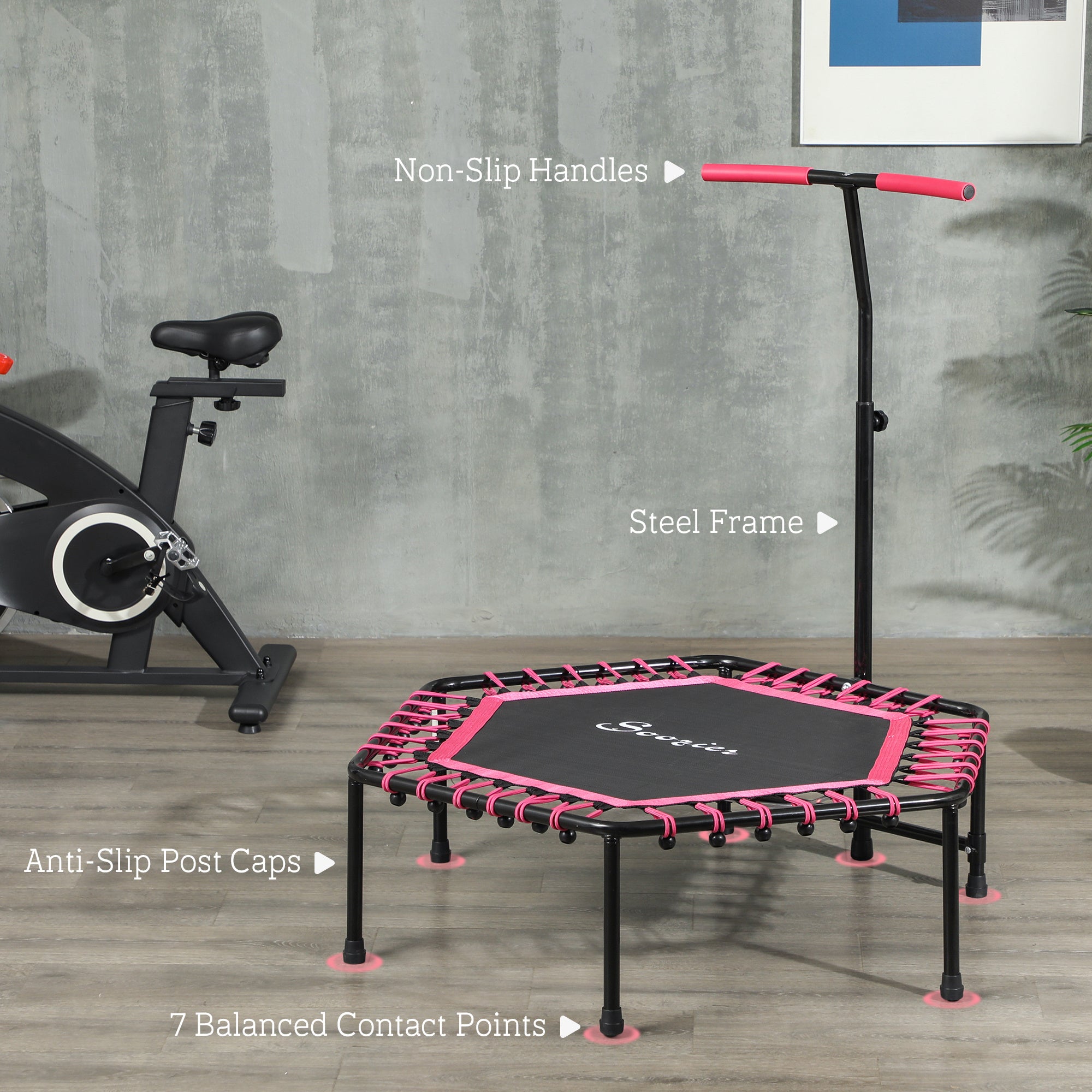 SPORTNOW 45" Rebounder Trampoline for Adults, Quiet Bungee Rebounder with LED Lights and Adjustable Handle, Pink