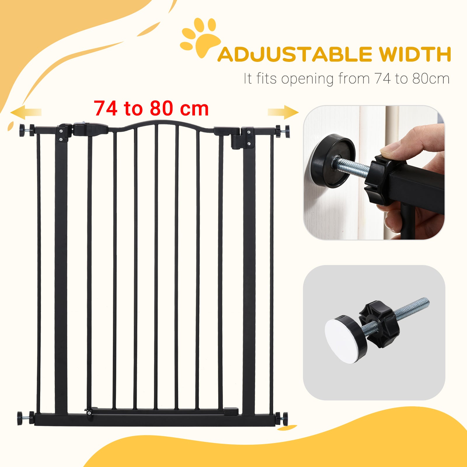 PawHut Pressure Fit Dog Stair Gate No Drilling Safety Gate Auto Close for Doorways, Hallways, 74-80cm Adjustable, 94cm Tall, Black - North Peak Garden Furniture