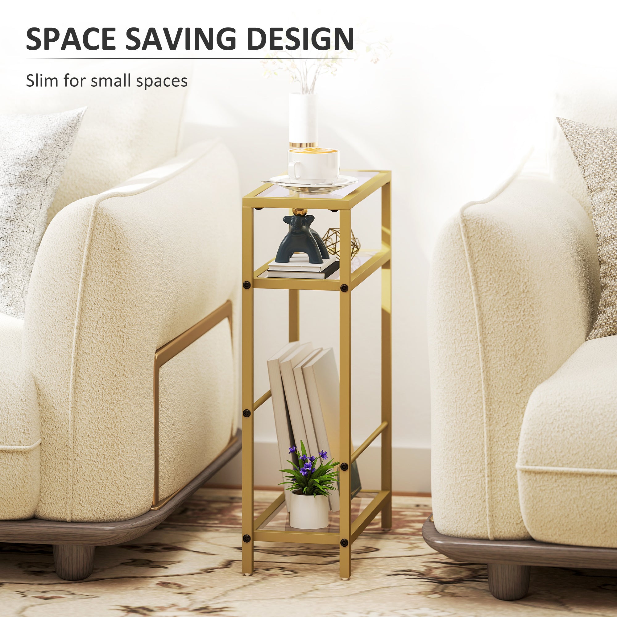 HOMCOM 3-Tier Side Table, Narrow End Table with Storage Shelf and Tempered Glass Tabletop for Small Spaces, Bedroom, Living Room, Entryway, Gold Tone - North Peak Garden Furniture