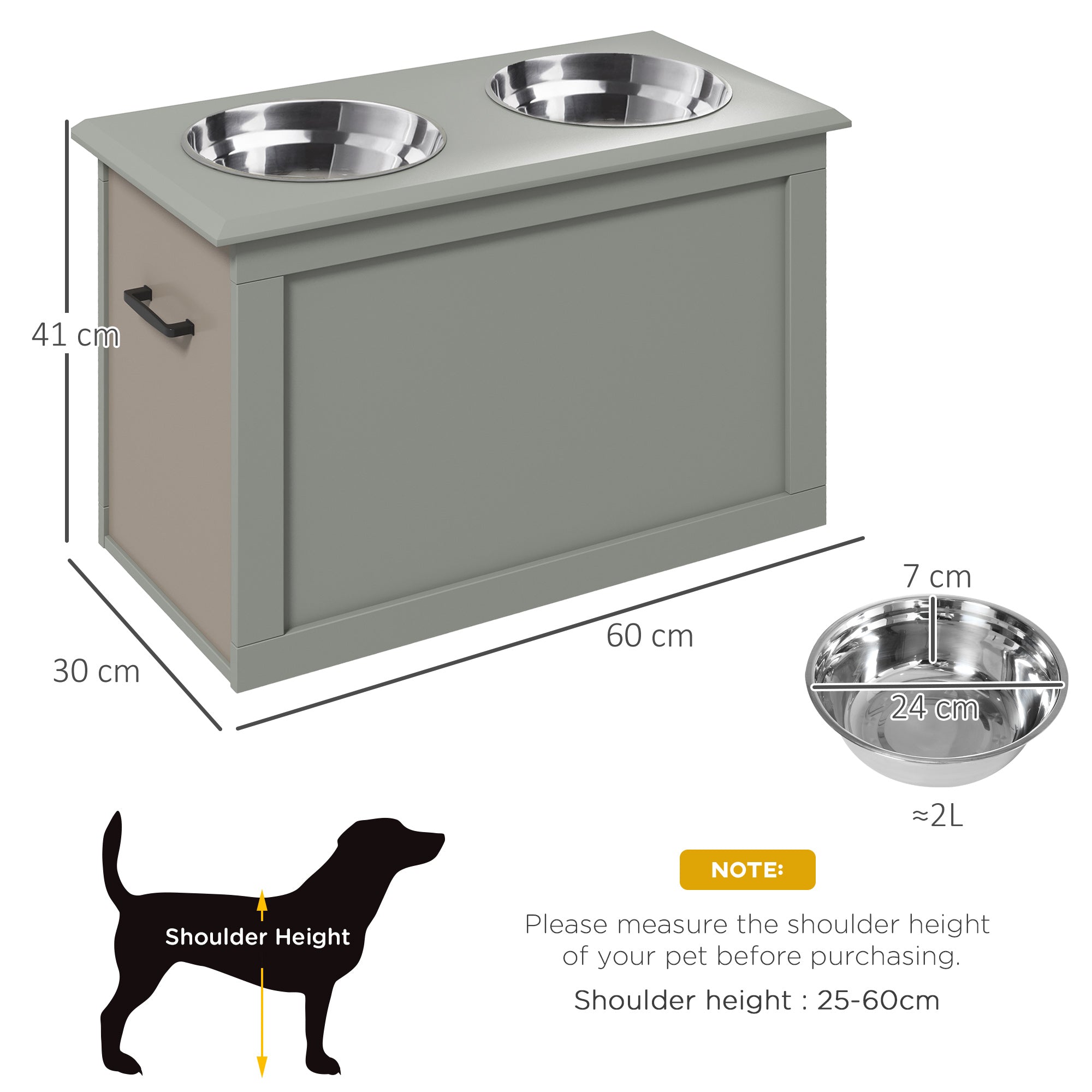 PawHut Raised Dog Bowls, with Storage, Two Stainless Steel Bowls, Elevated Base - Grey - North Peak Garden Furniture