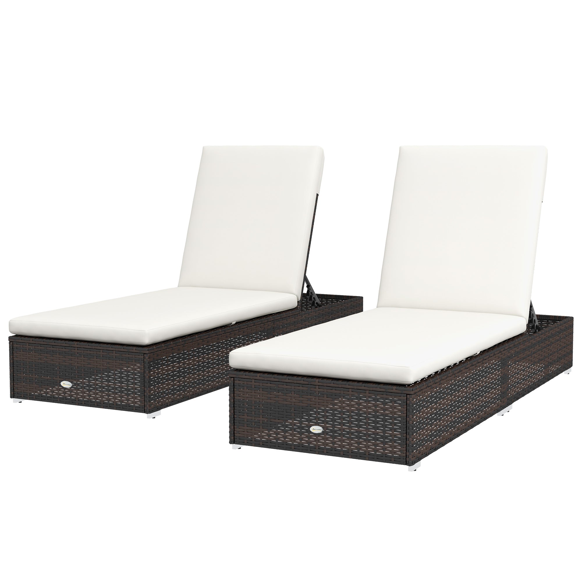 Outsunny Set of Two Rattan Sun Loungers, with Reclining Backs - Brown/Cream