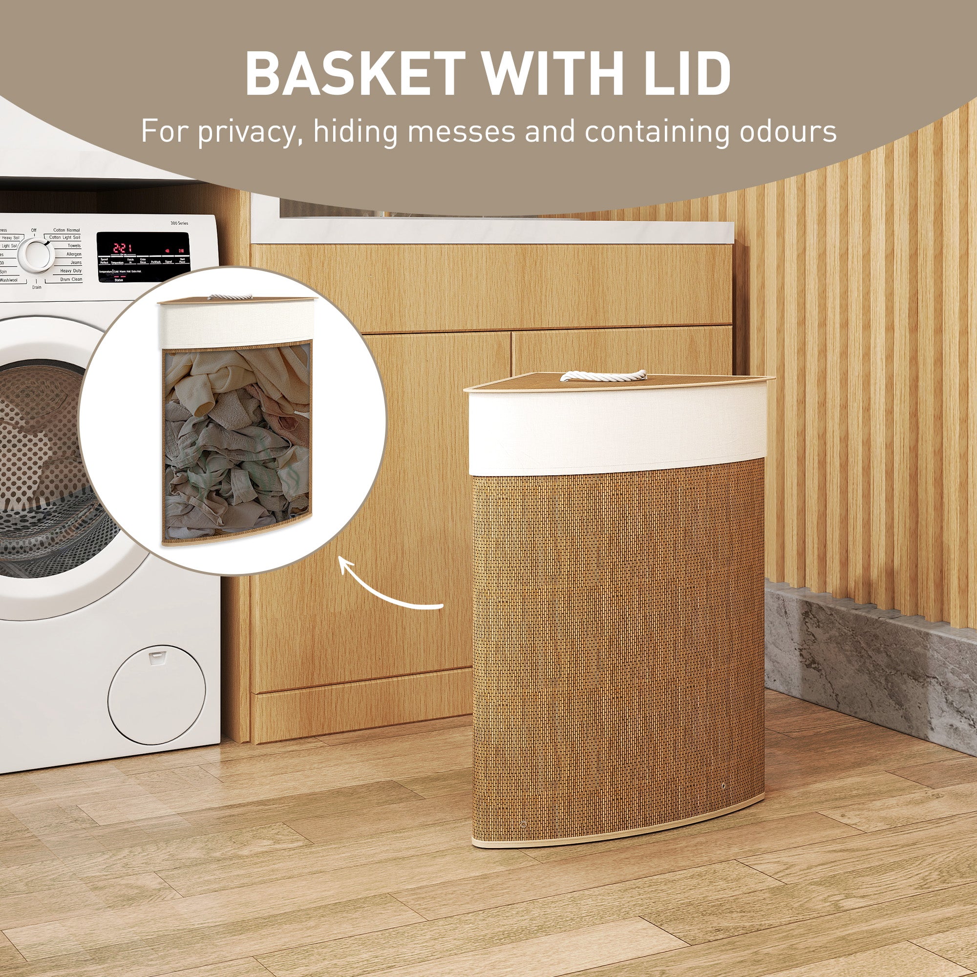 HOMCOM Bamboo Laundry Basket with Lid, 55L Corner Laundry Hamper with Removable Washable Liner Bag, Bathroom Triangle Washing Basket, 35 x 35 x 60 cm, Brown - North Peak Garden Furniture