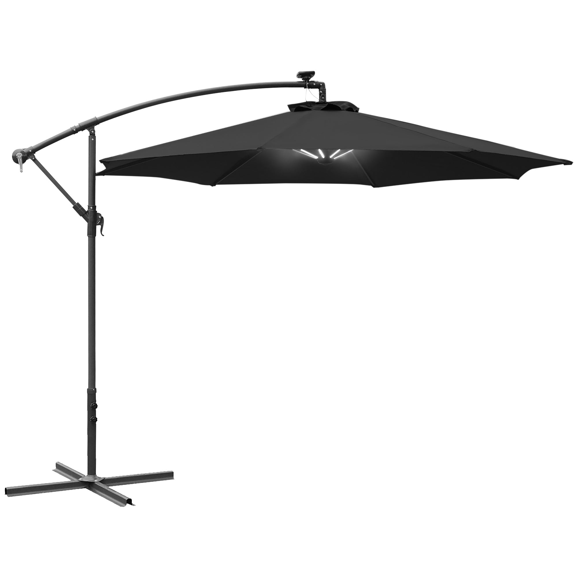 Outsunny 3m LED Patio Banana Umbrella Cantilever Parasol w/ Crank Cross Base Hanging Offset Umbrella Frame Steel  Aluminium Garden Table Outdoor Black