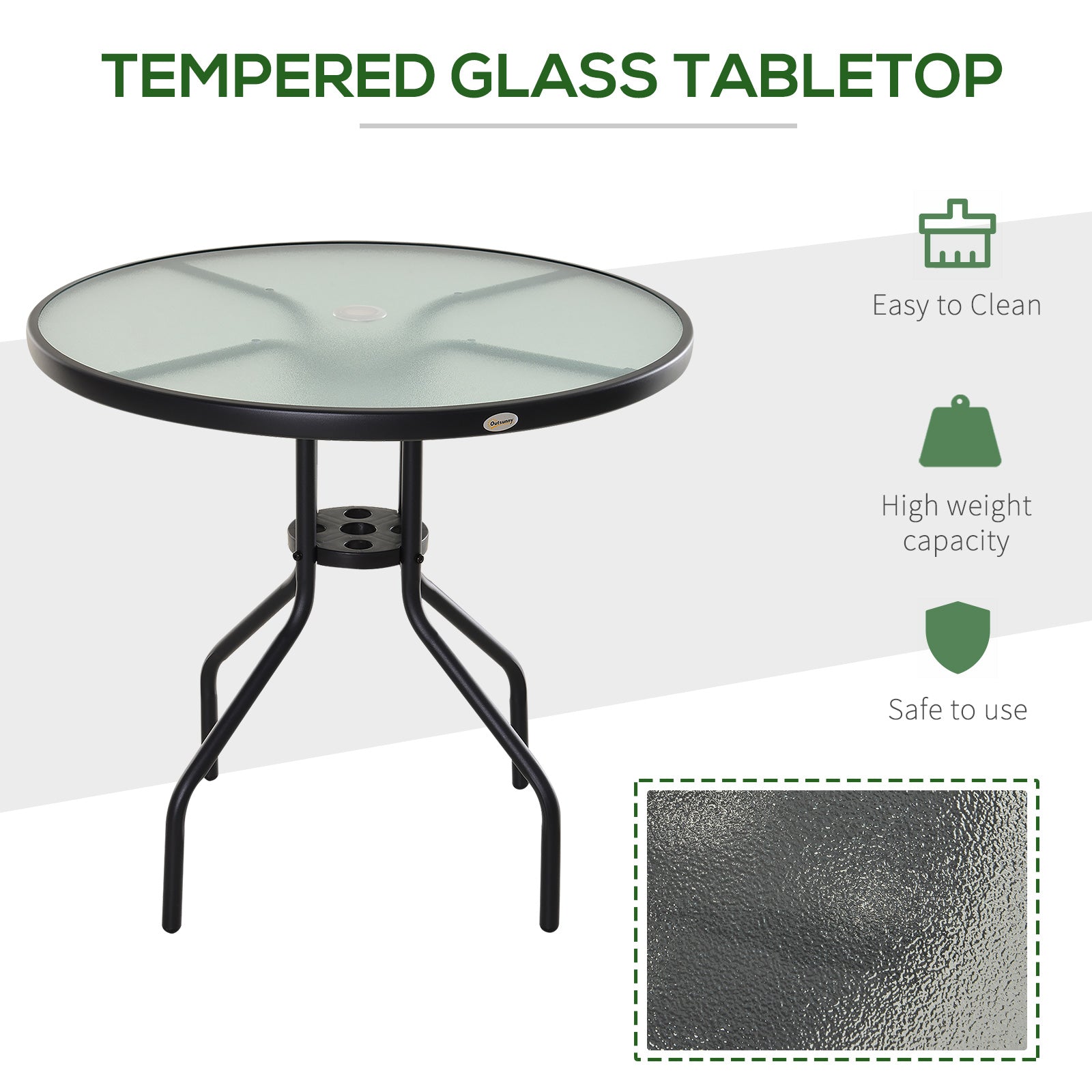Outsunny Bistro Table Outdoor Round Dining Coffee Table with Parasol Hole, Tempered Glass Top Side Table Patio Garden - 80cm Diameter - North Peak Garden Furniture