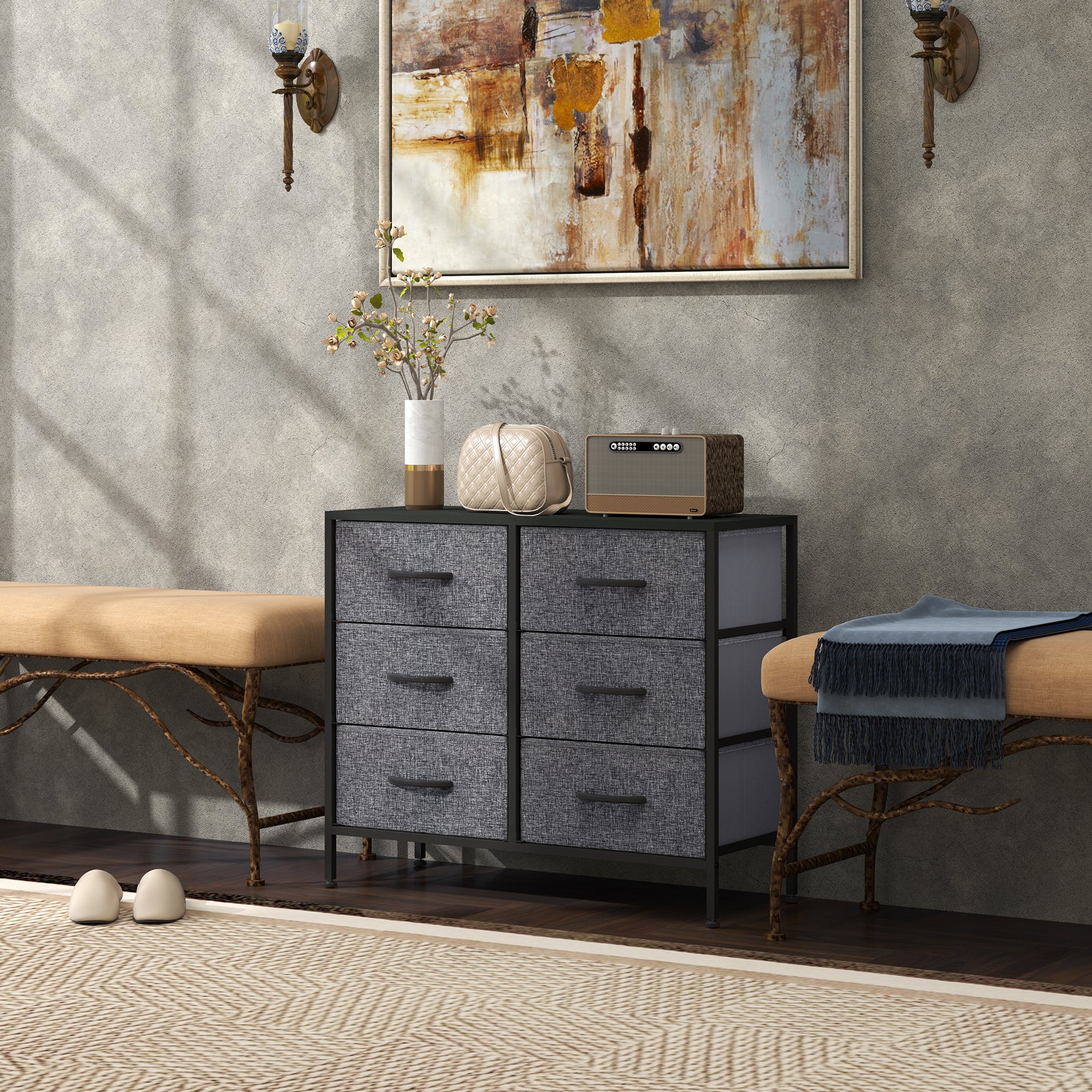 HOMCOM Fabric Chest of Drawers, Storage Drawers, Industrial Bedroom Dresser with 6 Fabric Drawers, Steel Frame and Wooden Top for Nursery, Living Room, Hallway, Black - North Peak Garden Furniture