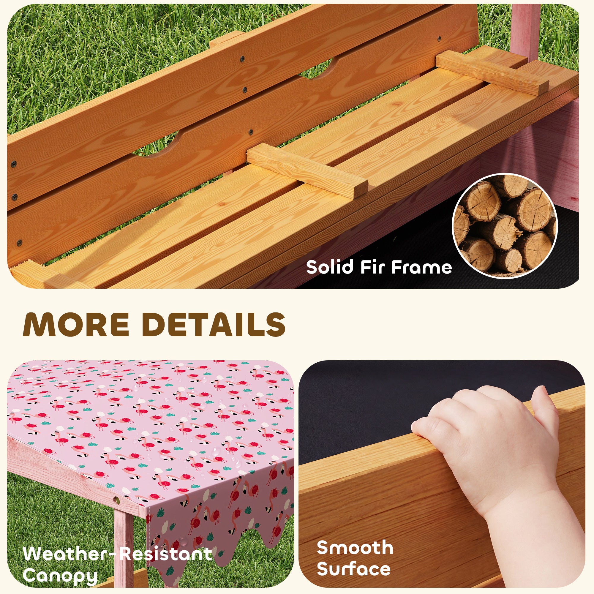AIYAPLAY Wooden Sandbox with Lid, Flamingos Print Canopy, Kids Outdoor Sand Pit with Foldable Bench Seats, Bottom Liner, Pink