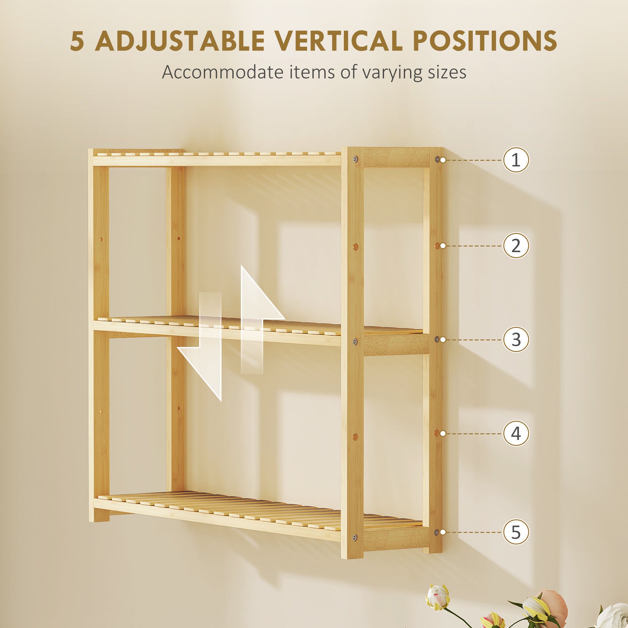 HOMCOM 3-Tier Bamboo Bathroom Storage Shelf, Wall-Mounted or Stand, Display Stand Shelving Unit with Adjustable Rack for Kitchen Bathroom Living Room, Natural - North Peak Garden Furniture