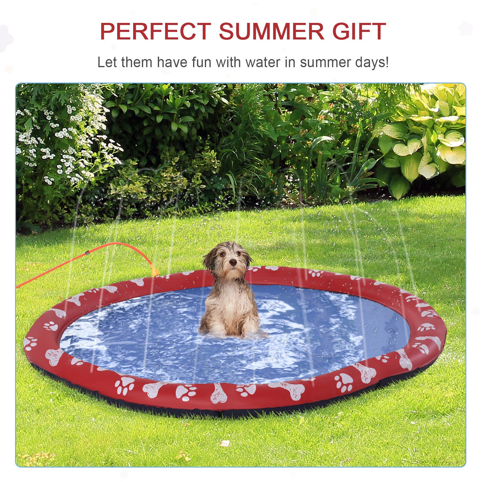 PawHut 170cm Splash Pad Sprinkler for Pets Dog Bath Pool Water Game Mat Toy Non-slip Outdoor Backyard Red