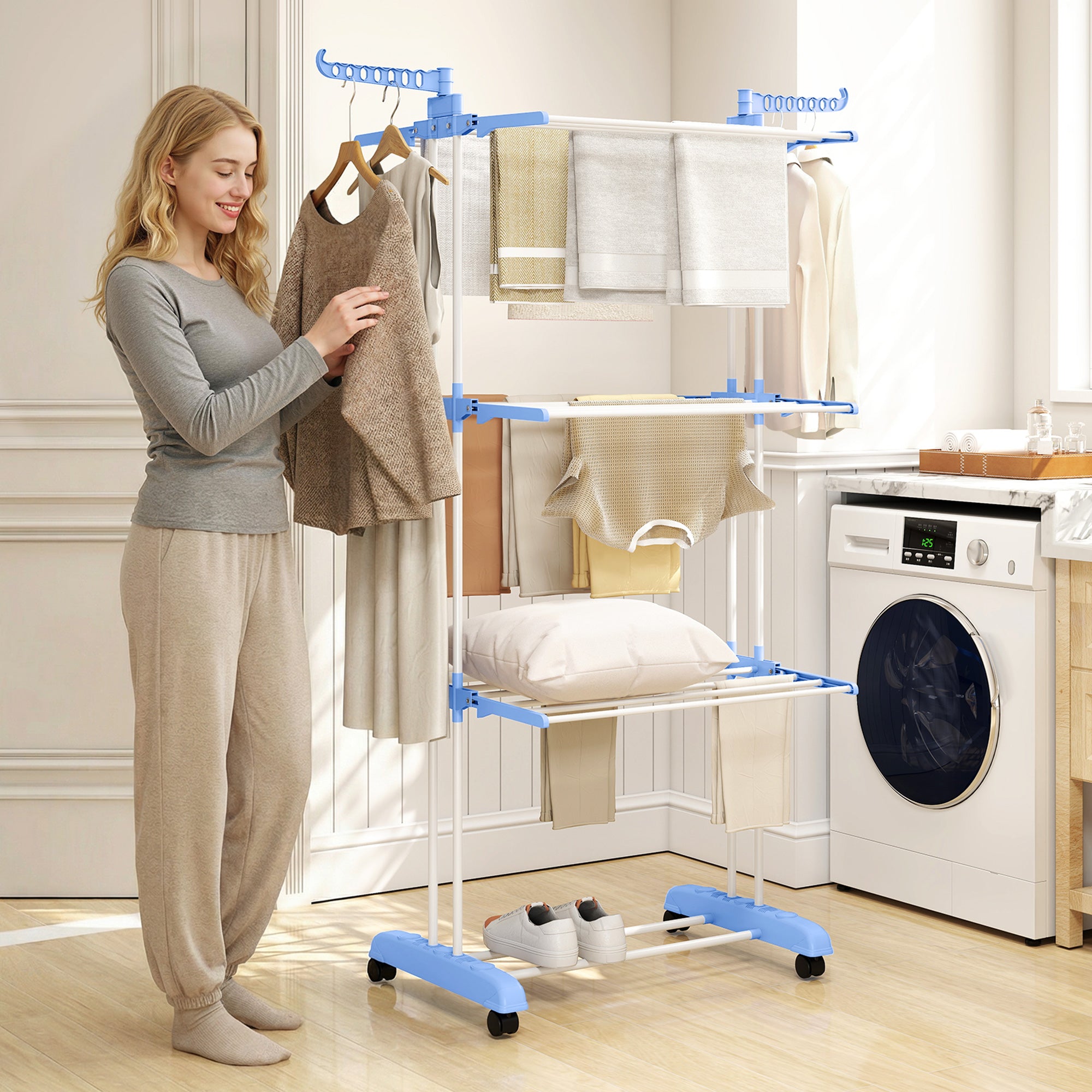 HOMCOM Foldable Clothes Drying Rack, 4-Tier Steel Garment Laundry Rack with Castors for Indoor and Outdoor Use, Blue