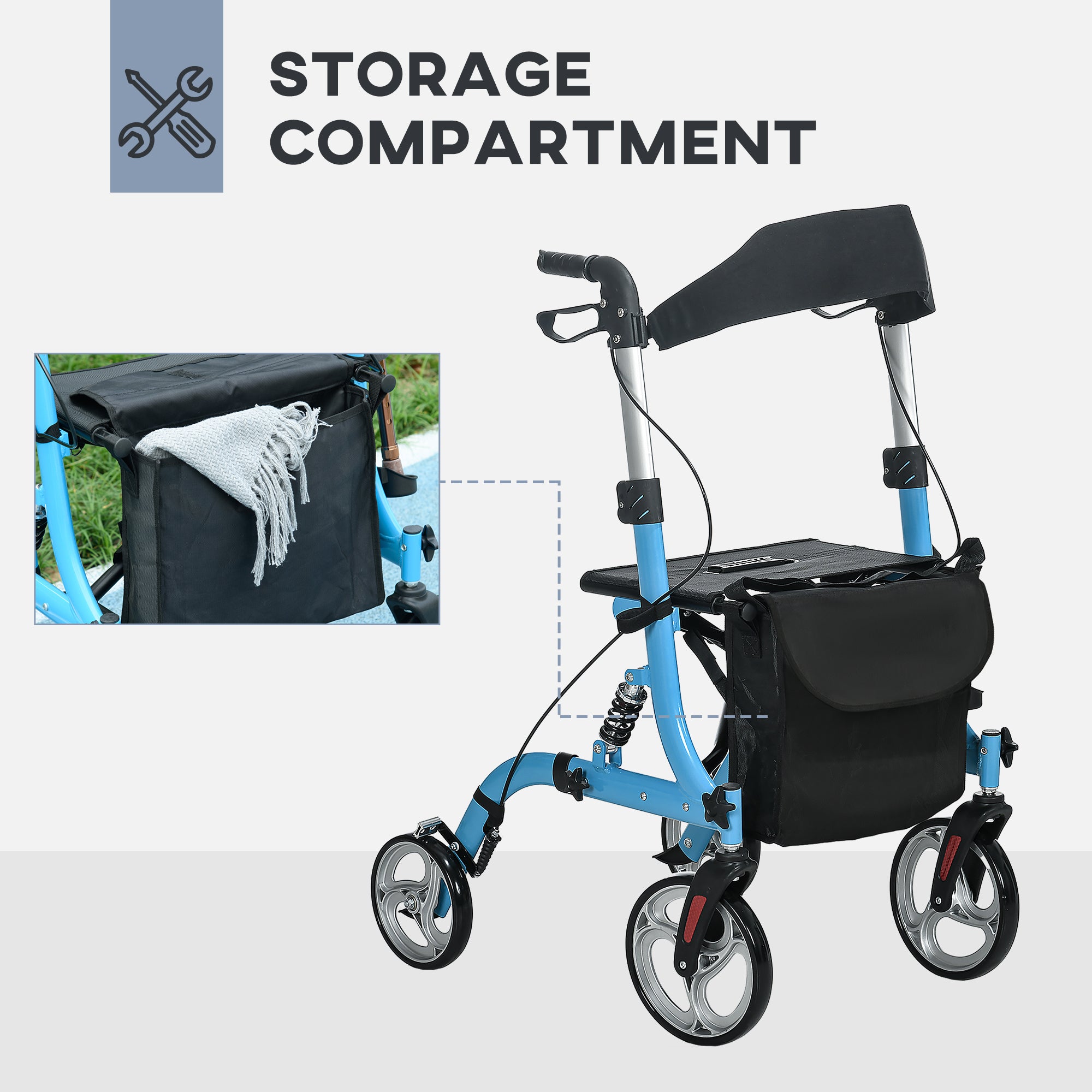 HOMCOM 4 Wheel Rollator with Seat and Back, Lightweight Folding Mobility Walker with Large Wheels, Carry Bag, Adjustable Height, Aluminium Walking Frame with Dual Brakes for Seniors, Blue - North Peak Garden Furniture