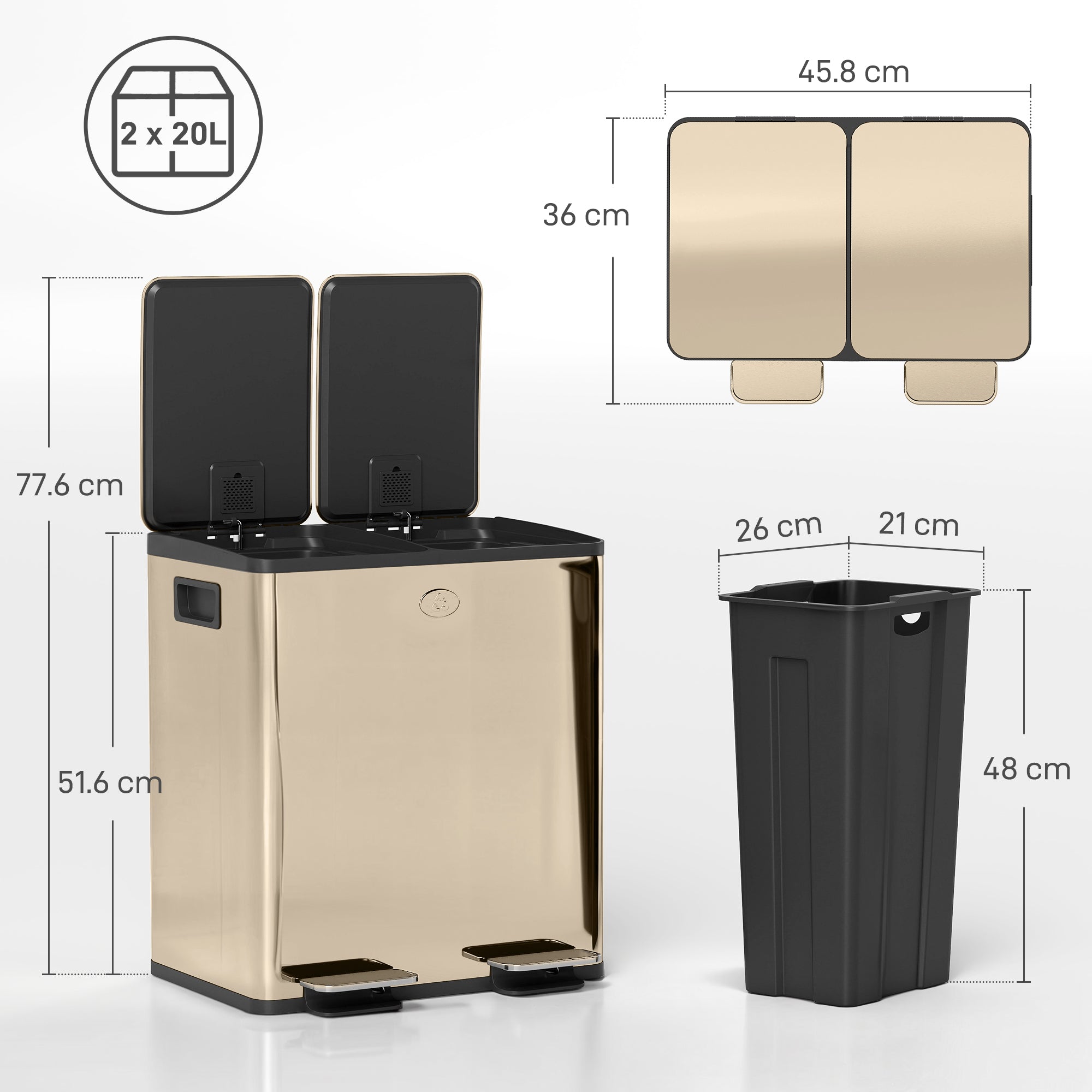 HOMCOM 40L Dual Compartment Stainless Steel Bin, with Deodoriser Holders - Gold Tone - North Peak Garden Furniture