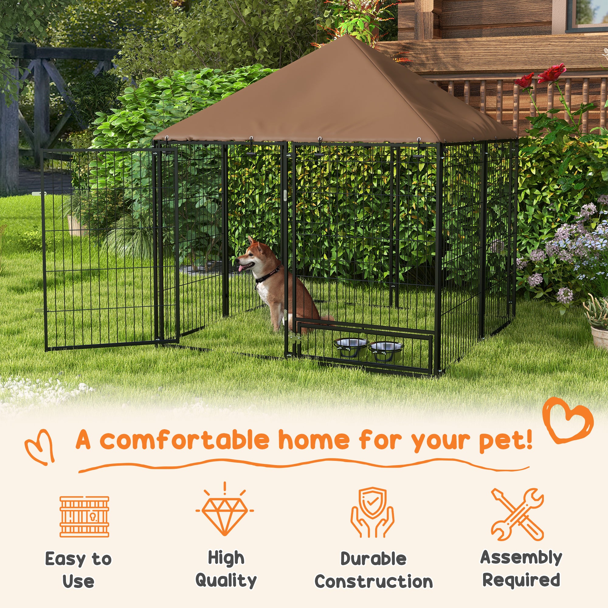 PawHut Outdoor Dog Kennel Puppy Play Pen with Canopy Garden Playpen Fence Crate Enclosure Cage Rotating Bowl 141 x 141 x 151 cm | Aosom UK