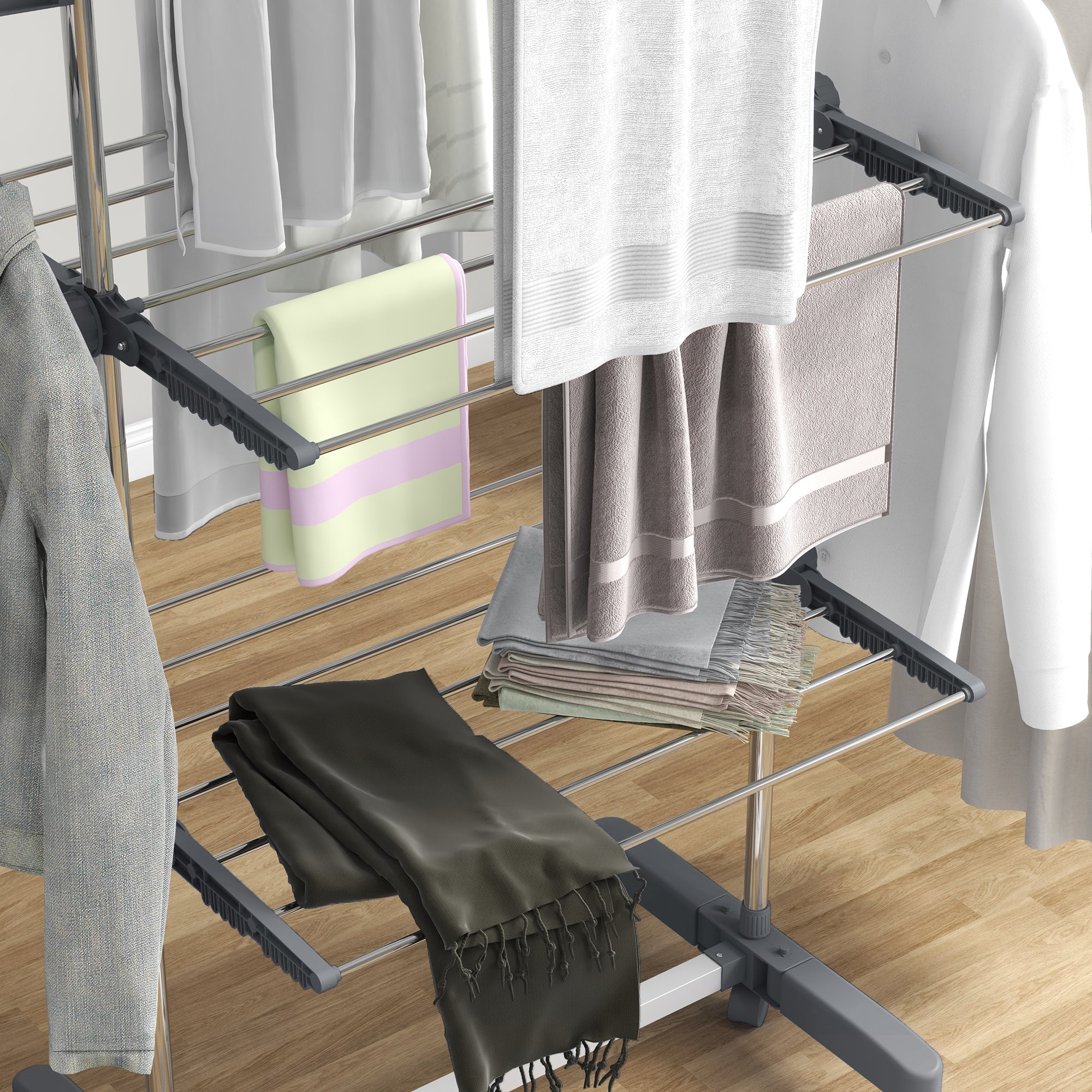 HOMCOM Three-Shelf Collapsing Clothes Horse, With Side Arms and Wheels - Grey - North Peak Garden Furniture