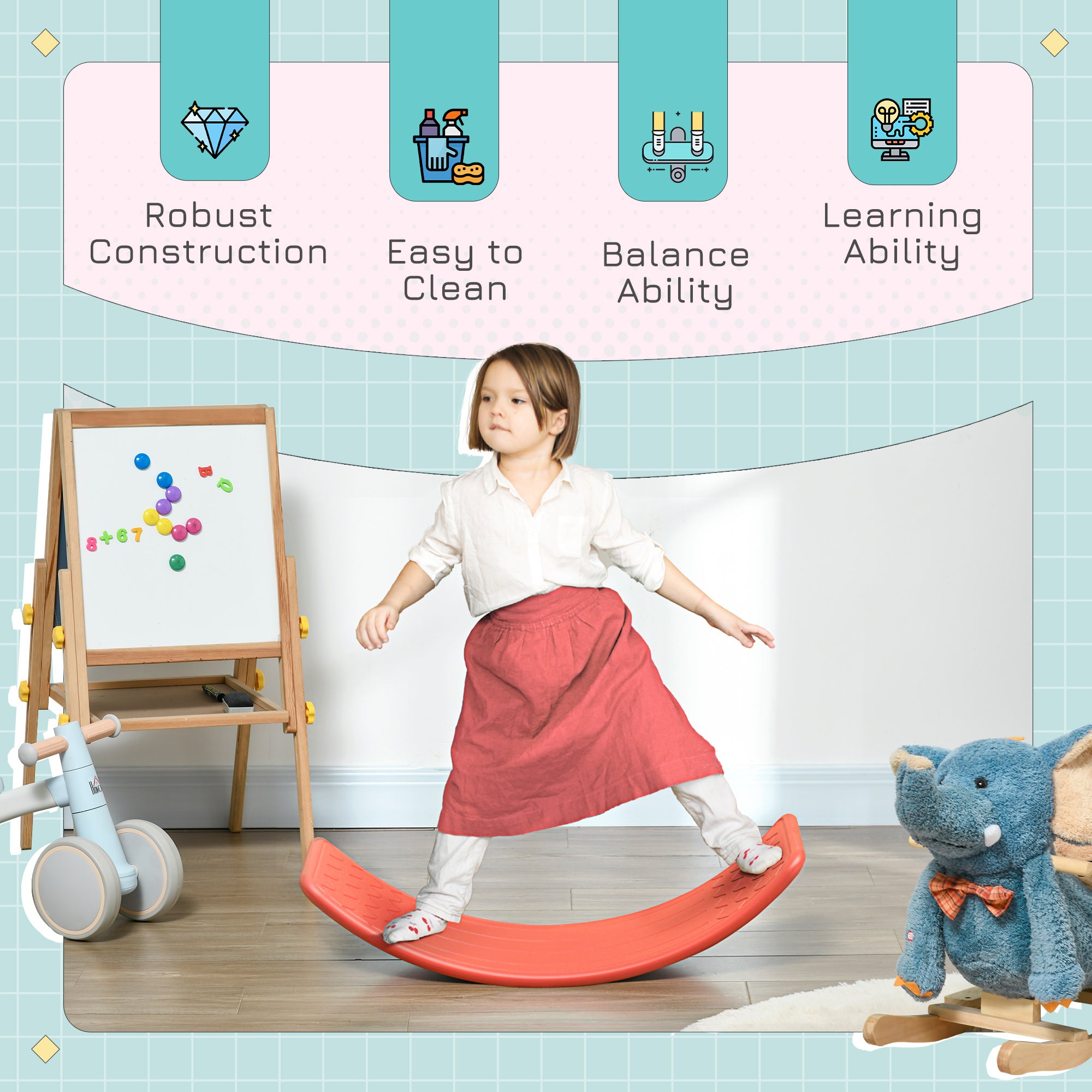 ZONEKIZ Balance Board Kids Wobble Board, Stepping Stone, Montessori Toy for Children, Nursery Toy, for Ages 3-6 Years, 82 x 27.5 x 19.5cm - Red - North Peak Garden Furniture