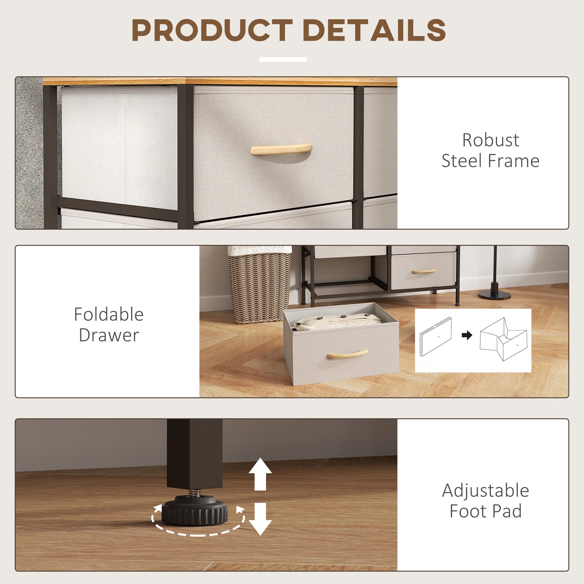 HOMCOM Fabric Chest of Drawers, Storage Drawers, Industrial Bedroom Dresser with 8 Fabric Drawers, Steel Frame and Wooden Top for Nursery, Living Room, Hallway, Cream White - North Peak Garden Furniture