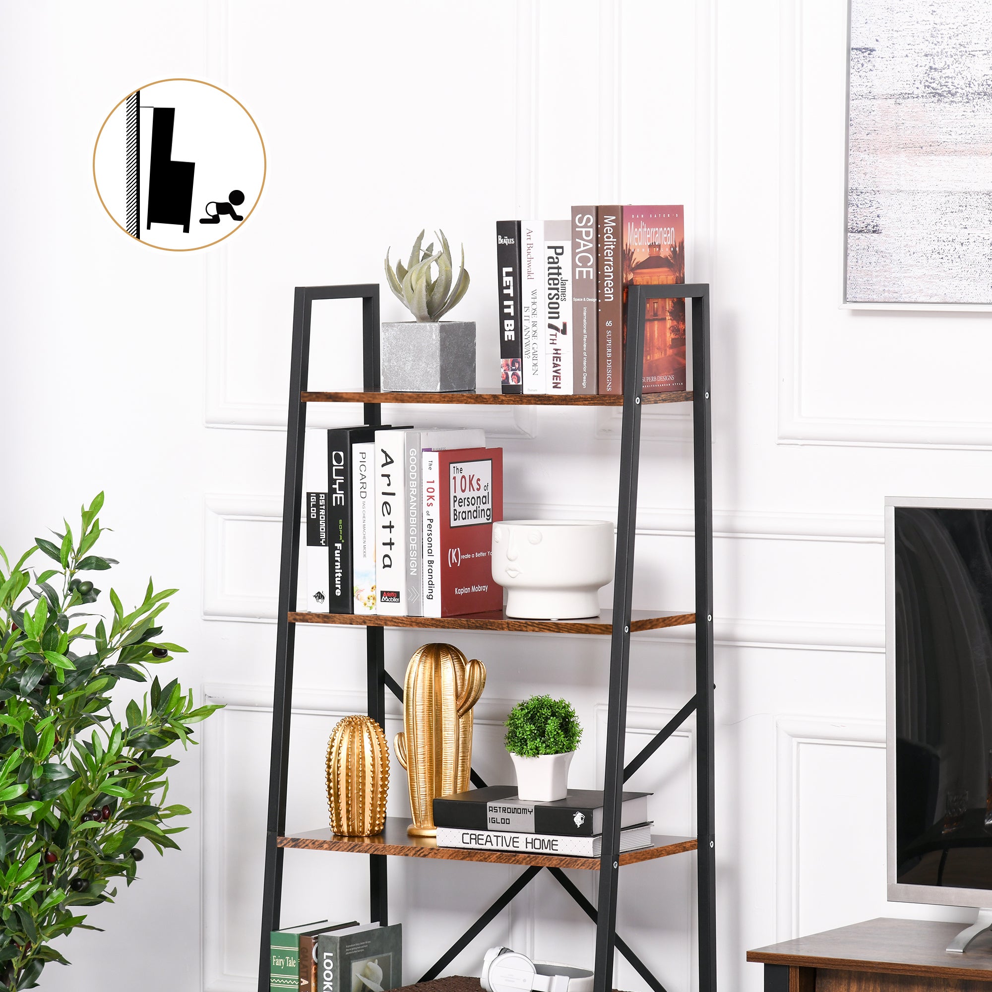 HOMCOM 4-Tier Vintage Ladder Shelf Bookcase Wood Storage Rack Stand Plants Display Black Brown
