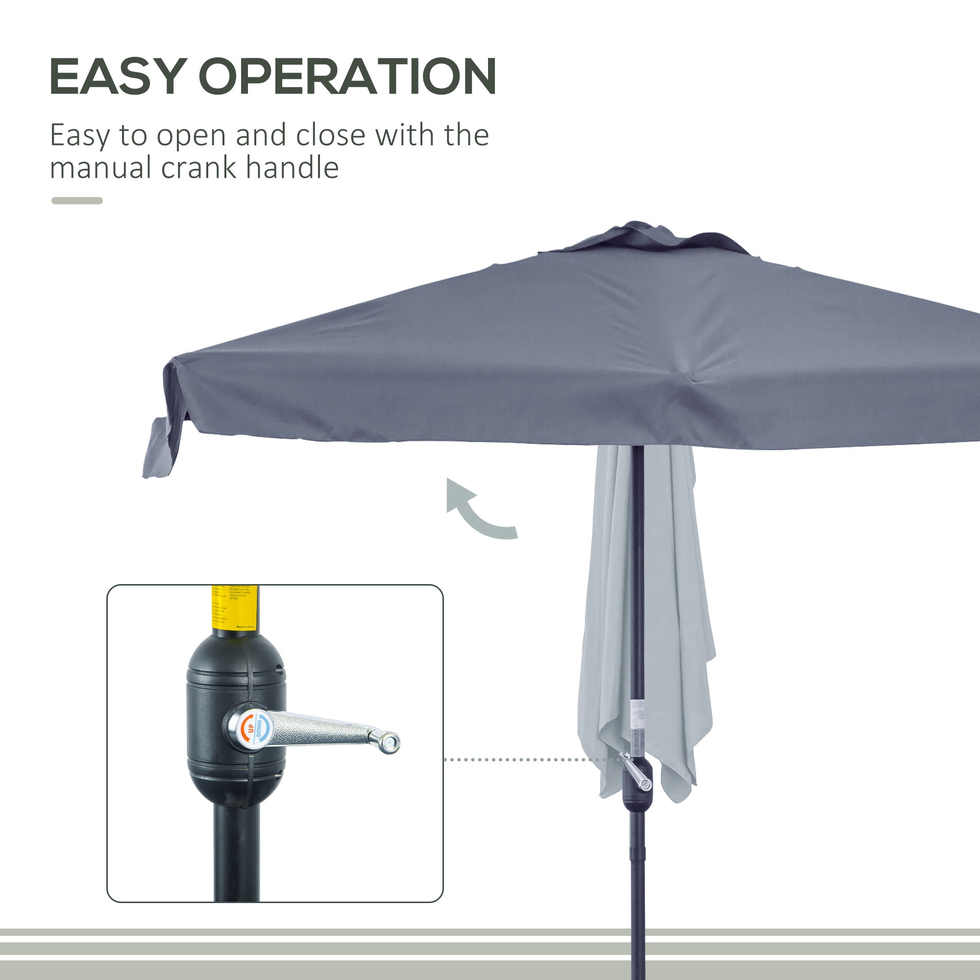 Outsunny 2.3m Half Parasol Semi Round Umbrella Patio Metal Frame Crank Handle for Balcony-- NO BASE INCLUDED, Grey - North Peak Garden Furniture