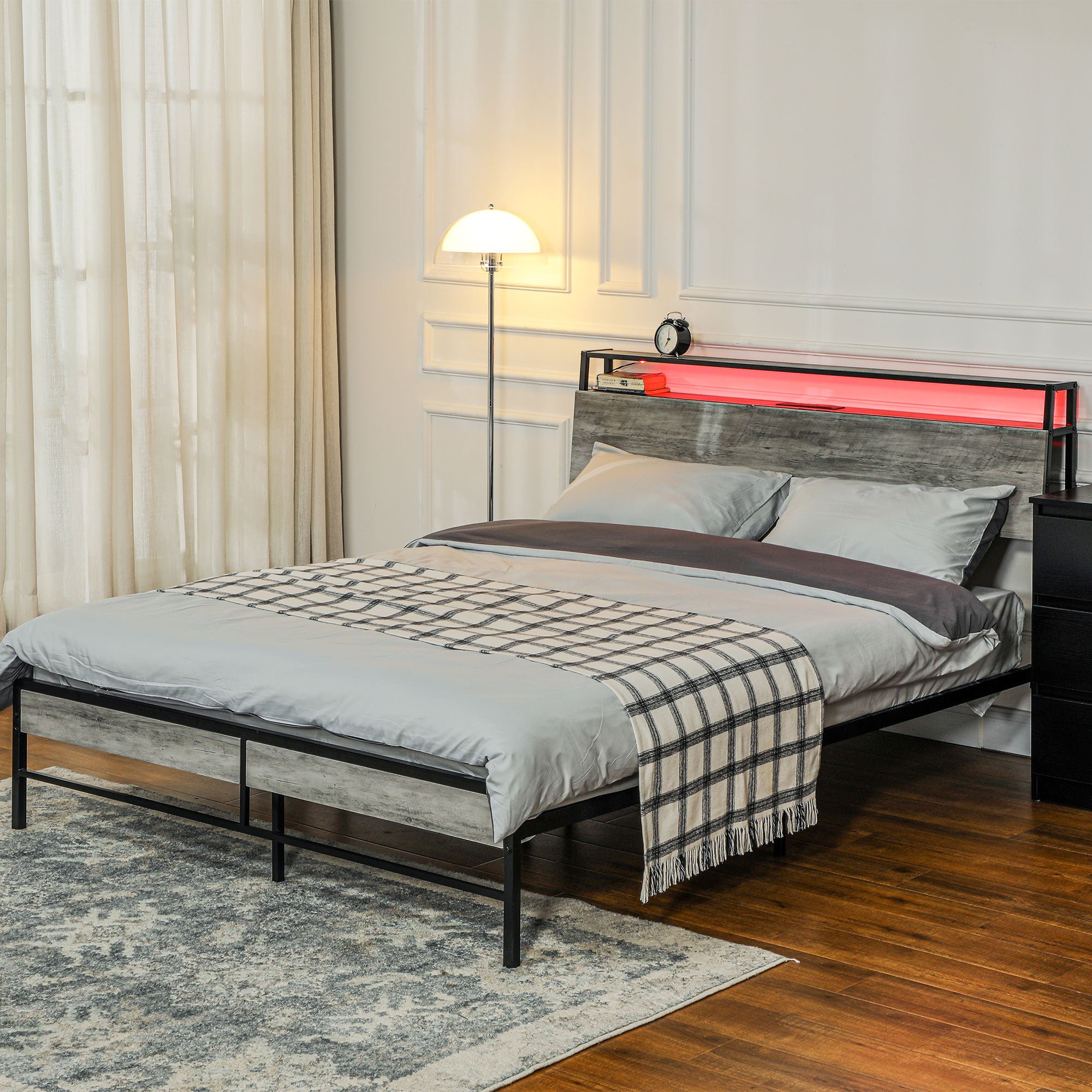 HOMCOM King Steel Bed Frame, with LED Lights and Headboard Shelf - Grey - North Peak Garden Furniture