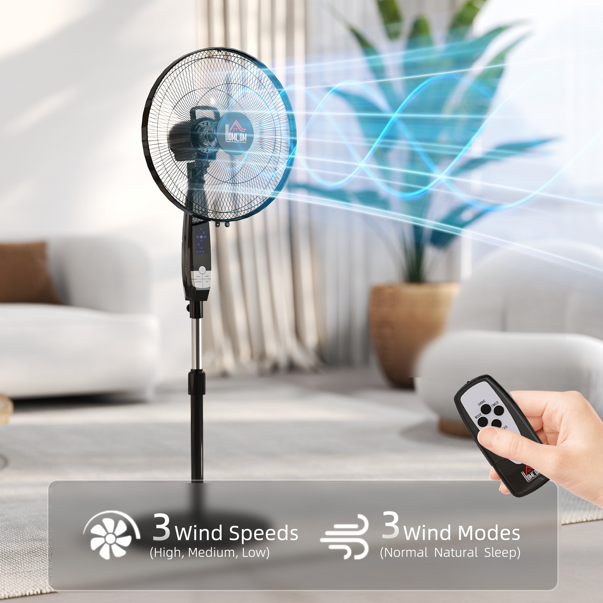 HOMCOM 16" Pedestal Standing Floor Fan, Oscillation Cooling Fan with Remote Control, Black