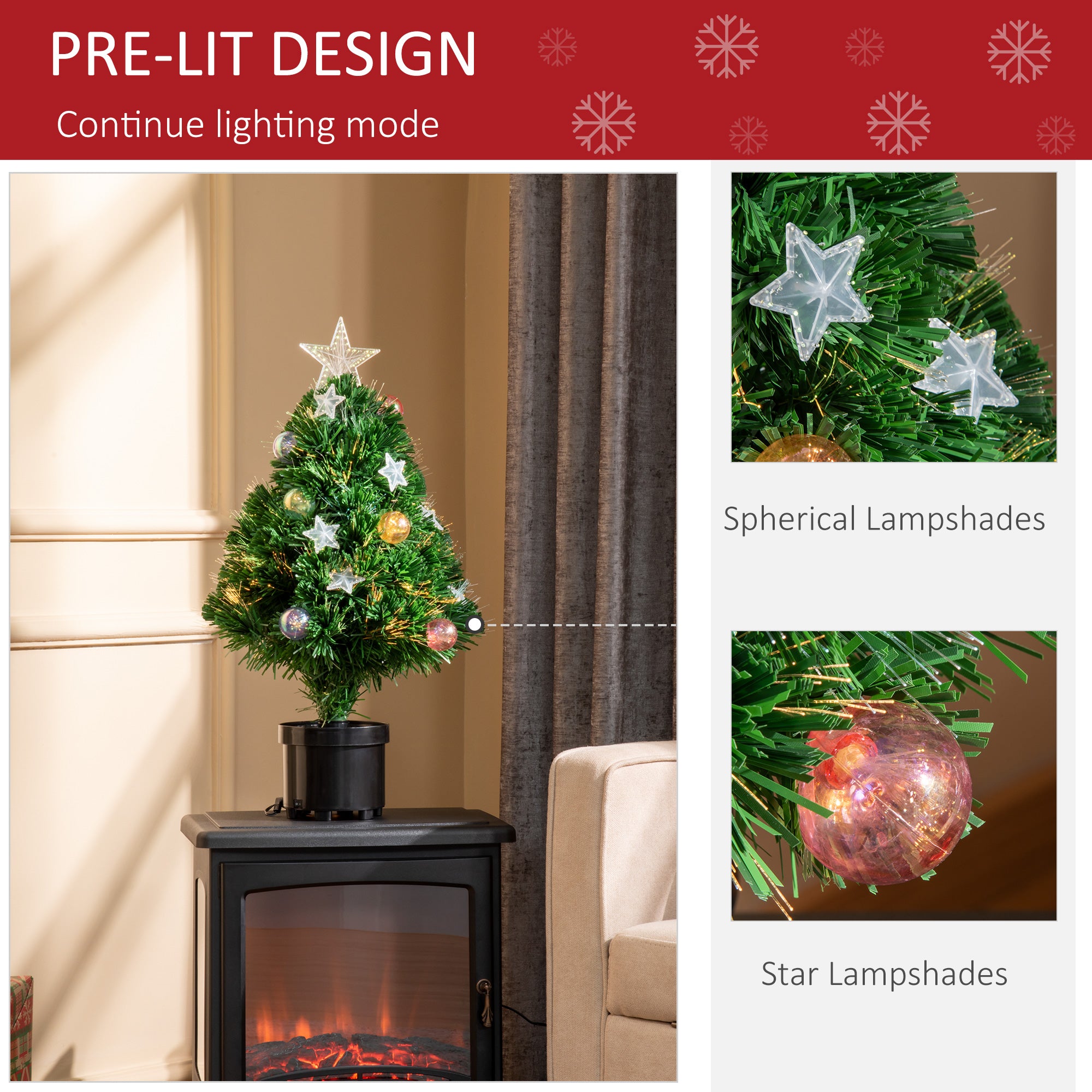 HOMCOM 2FT Pre-lit Artificial Christmas Tree Tabletop Multicoloured Fibre Optic Xmas Decoration w/ LED Lights Pot Table Desk - Green - North Peak Garden Furniture