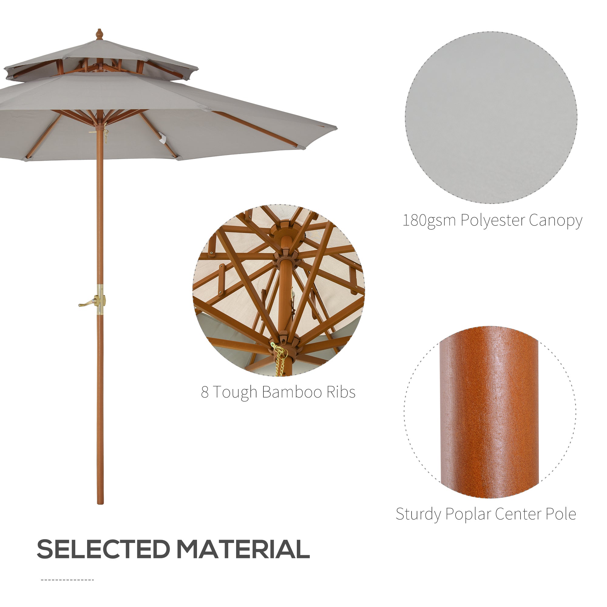 Outsunny 2.7m Elegant Wooden Frame Parasol Umbrella - Grey