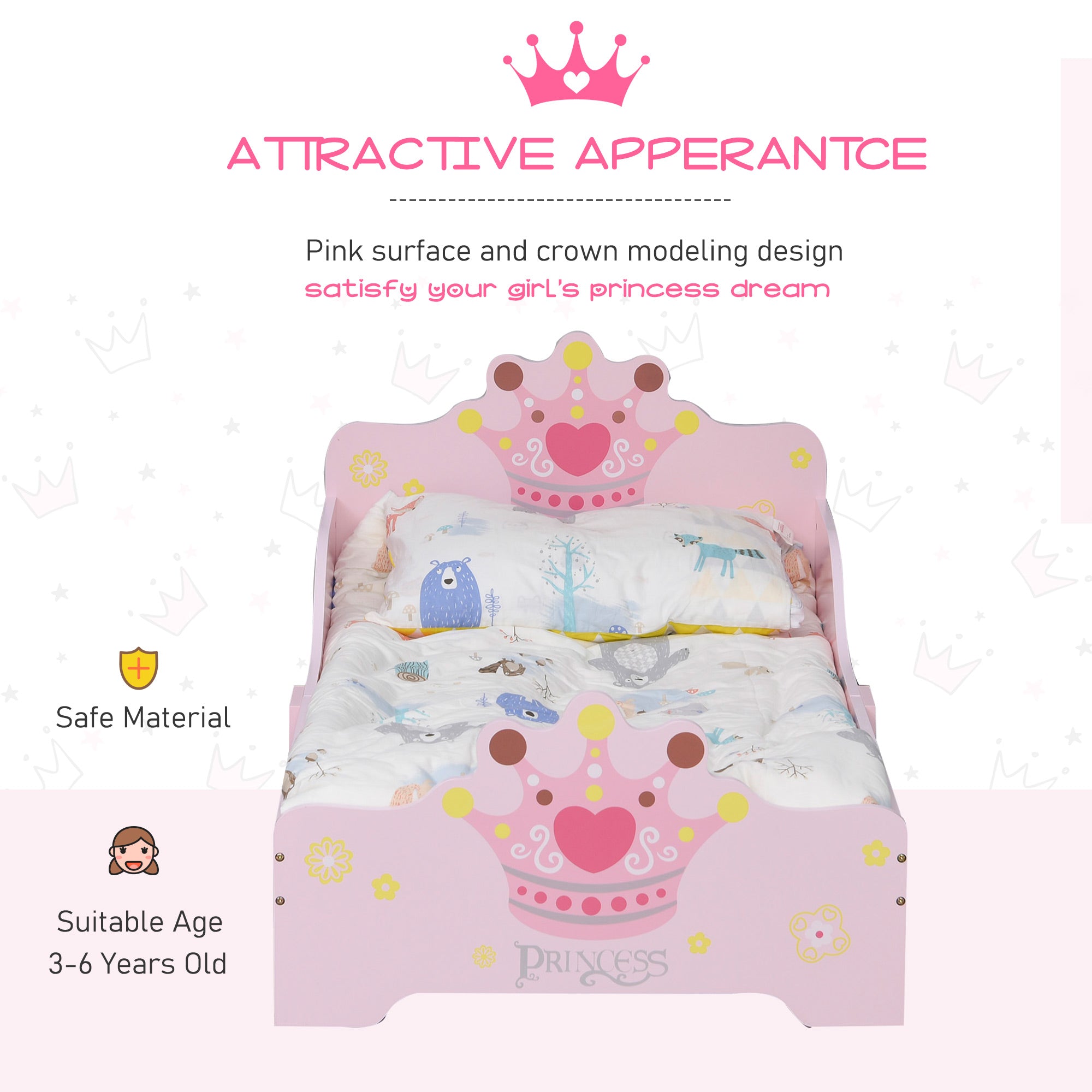 HOMCOM Kids Toddler Bed Princess Crown Theme Safety Side Rails Slats Home Bedroom Furniture Boys Girls 3-6 Yrs Pink 143 x 73 x 60 cm - North Peak Garden Furniture