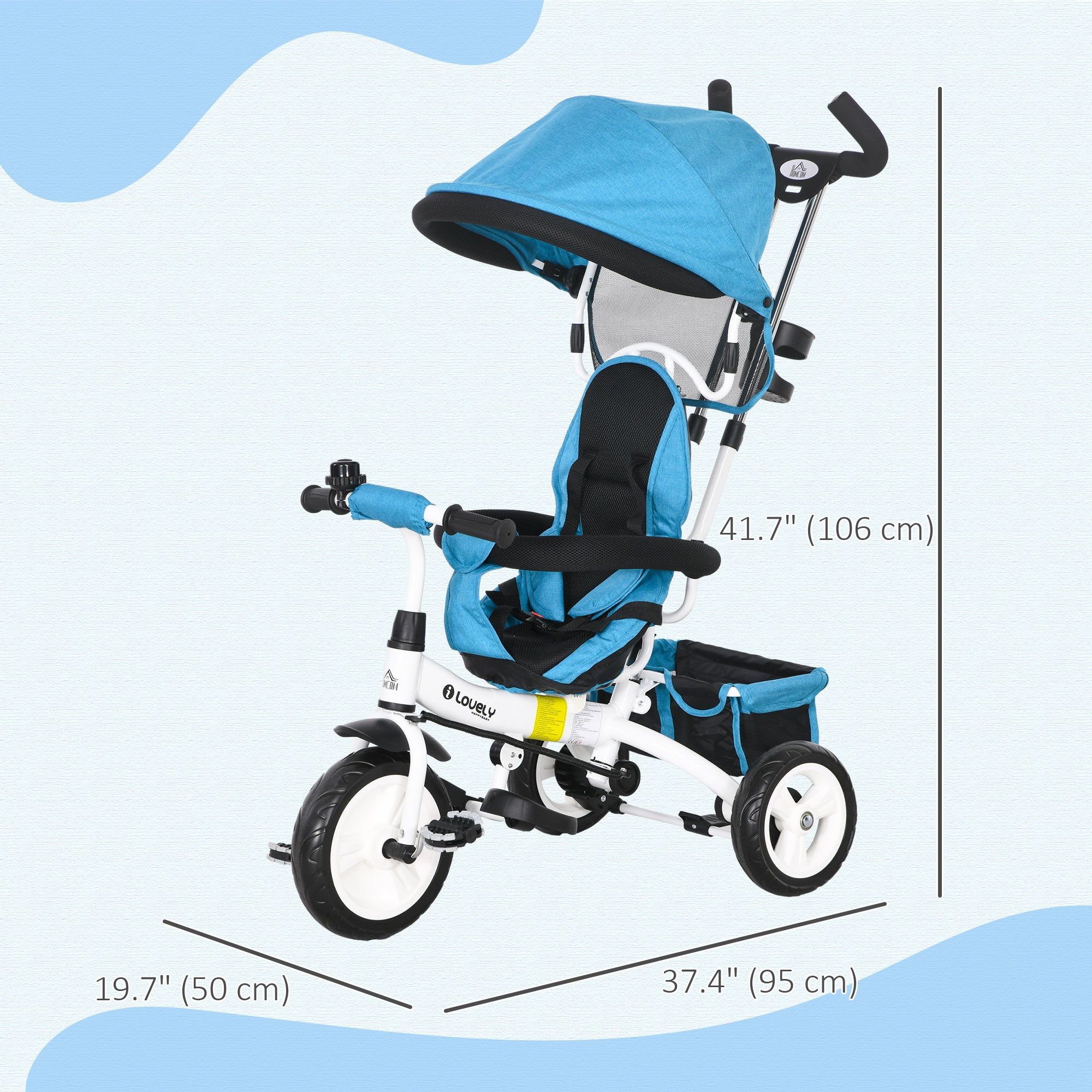 HOMCOM 6 in 1 Kids Trike Push Bike w/ Push Handle, Canopy, 5-point Safety Belt, Storage, Footrest, Brake, for 1-5 Years, Blue - North Peak Garden Furniture