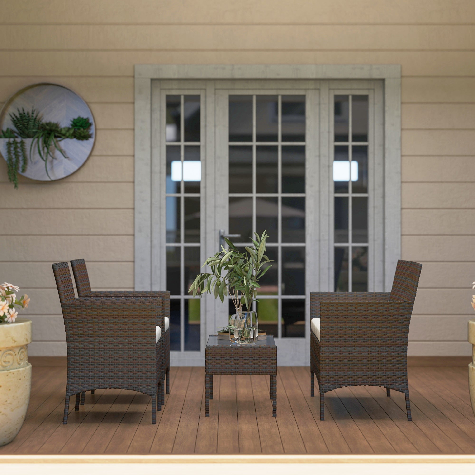 Outsunny 4 Piece Rattan Garden Furniture Sofa Set with Loveseat, Armchairs, Glass-Top Coffee Table and Cushions, Brown