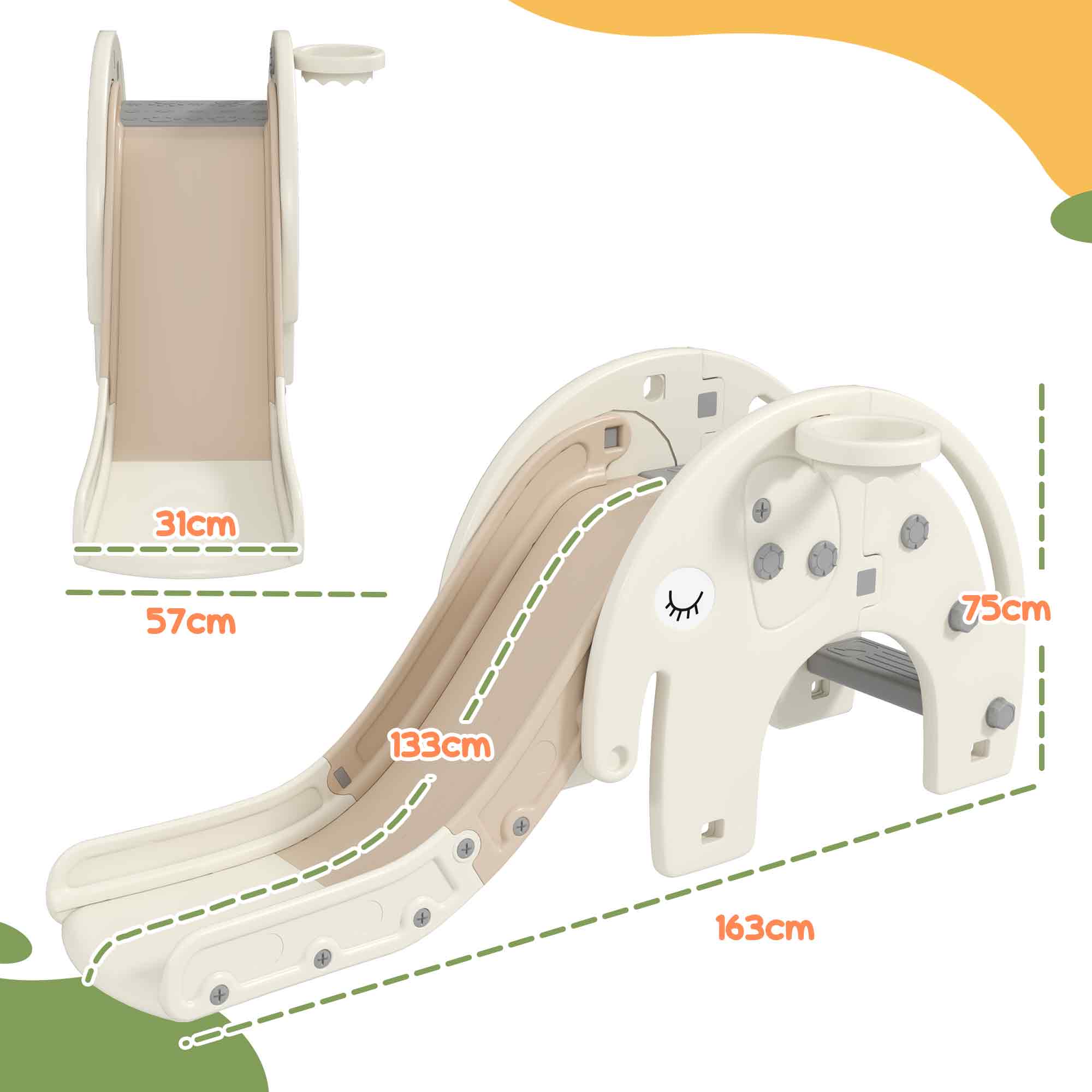 AIYAPLAY 3 in 1 Toddler Slide with Basketball Hoop, Climber, Elephant-Themed, for 1-3 Years, Cream White - North Peak Garden Furniture