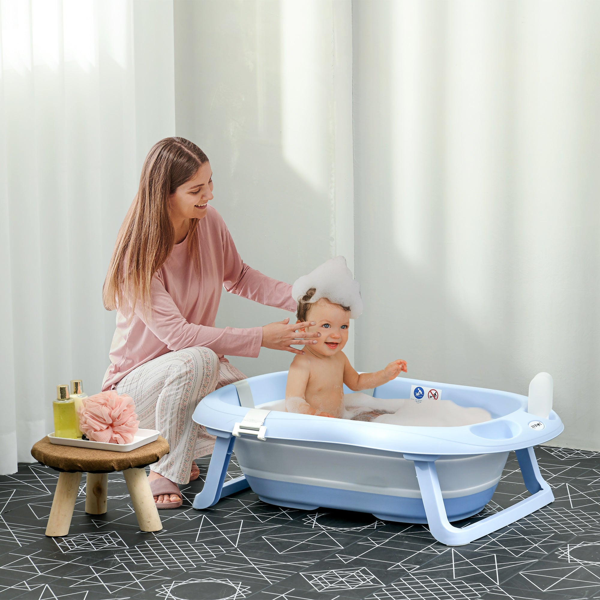 ZONEKIZ Foldable Baby Bathtub, with Non-Slip Support Legs, Cushion Pad, Shower Holder - Blue - North Peak Garden Furniture