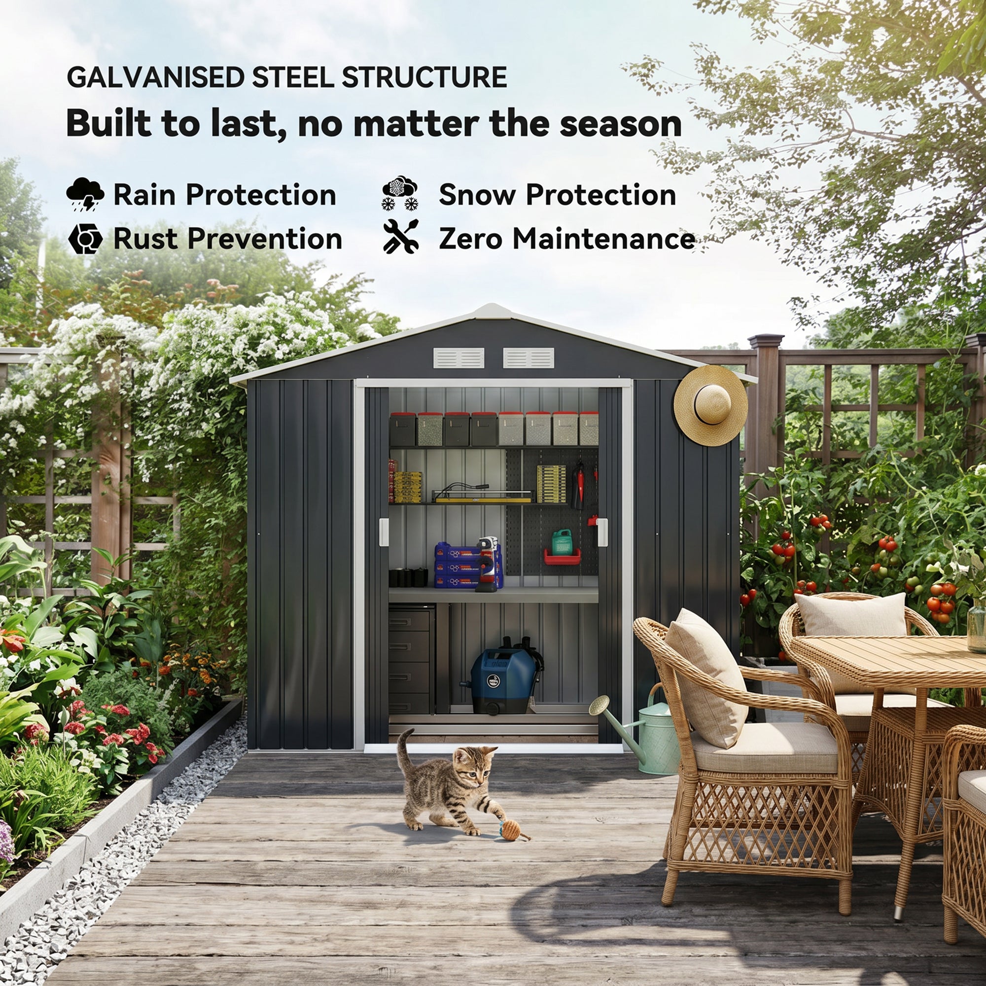 Outsunny 7 x 4ft Metal Garden Shed, Outdoor Storage Tool House with Ventilation Slots, Foundation Kit and Lockable Double Doors, Dark Grey