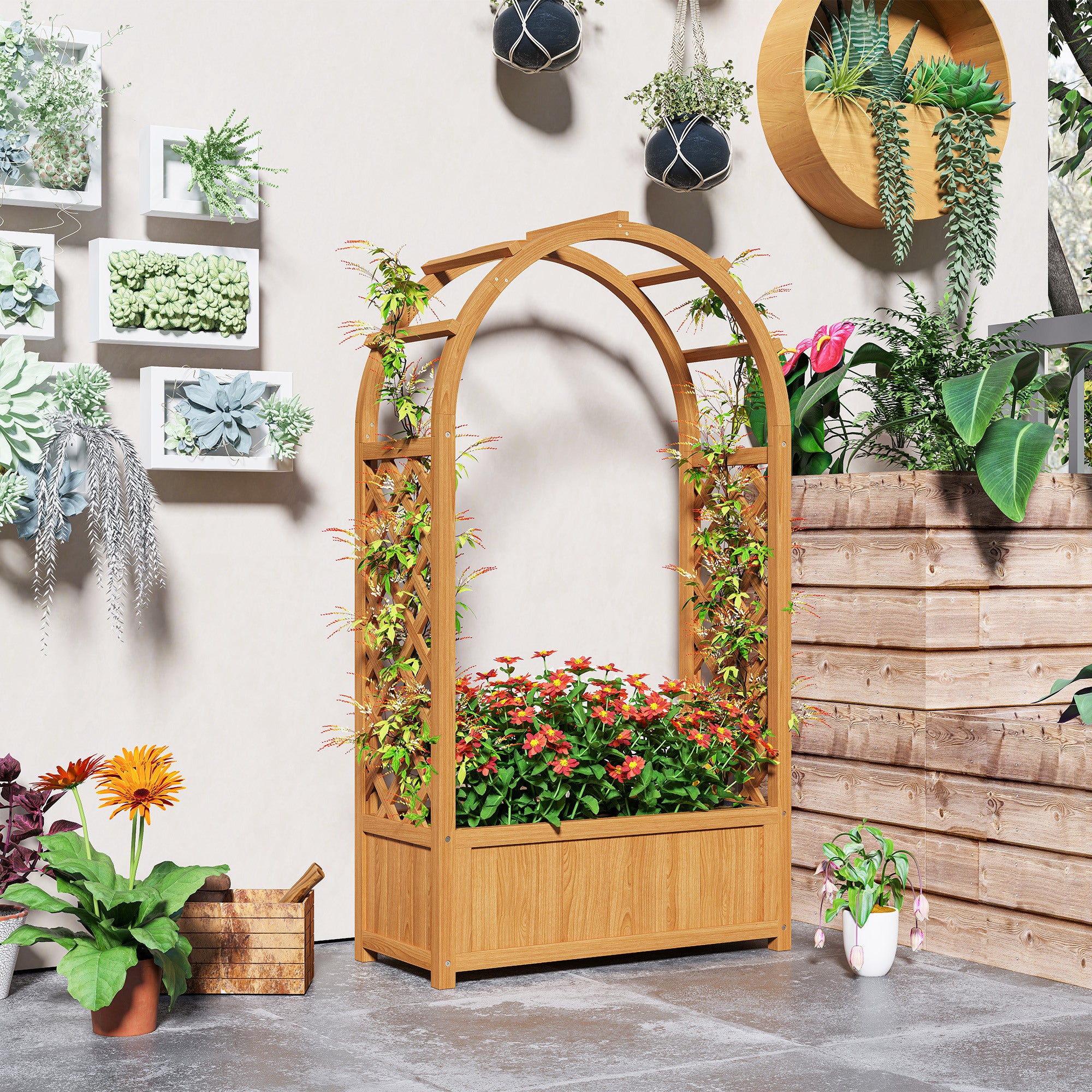 Outsunny Wooden Raised Garden Bed with Trellis, Liner, Drainage Holes, for Vine Climbing Plants, Flowers, 83 x 36 x 145 cm - North Peak Garden Furniture