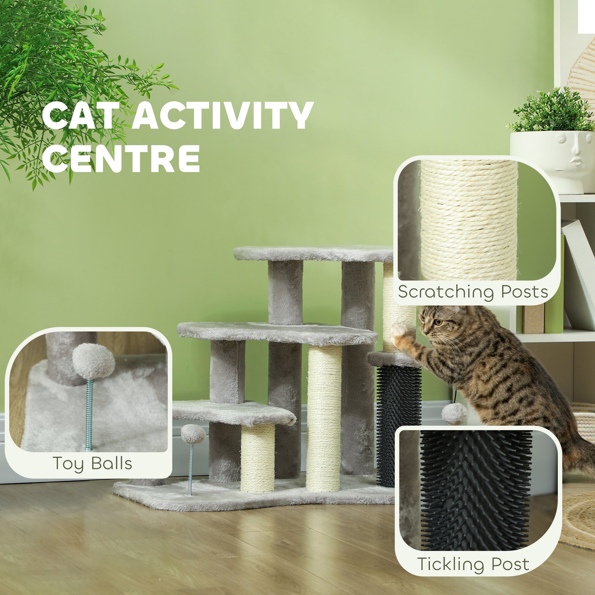 PawHut 2-in-1 Cat Tree, Pet Stairs w/ Scratching Post, Toy Balls, for Bed, Sofa, Couch, Light Grey - North Peak Garden Furniture