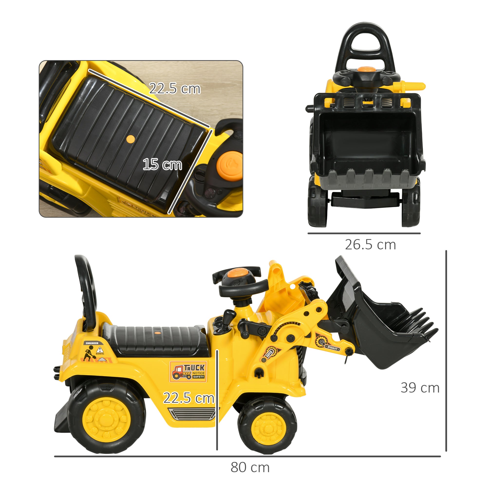 HOMCOM NO POWER 3 in 1 Ride On Toy Bulldozer Toddler Digger Excavator Scooter Storage Cart Toilet Pretend Play Construction Truck