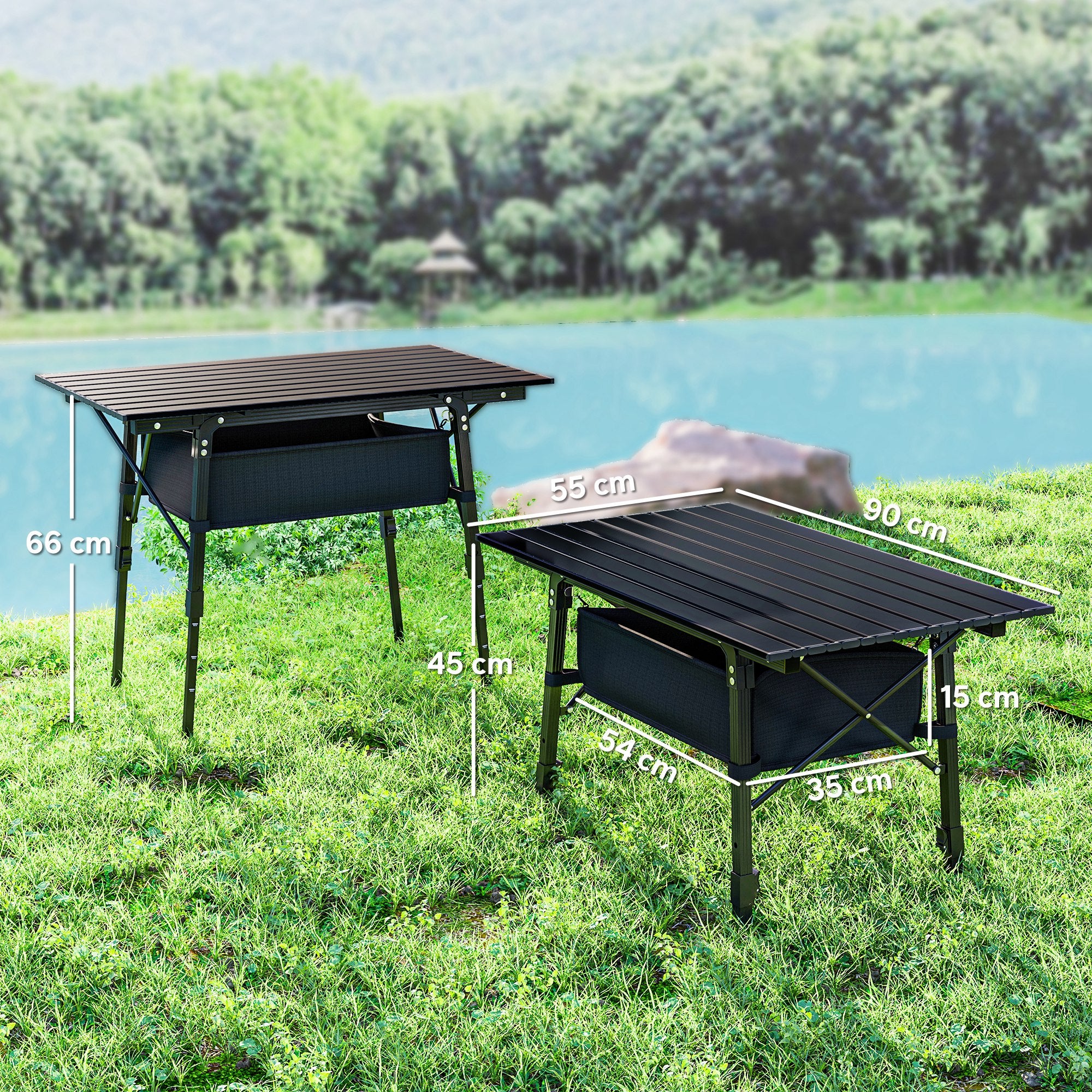 Outsunny Folding Camping Table, 90 x 55 cm Height Adjustable Portable Collapsible Table, 3ft Lightweight Aluminium Rollup Picnic Table with Storage Basket for Outdoor Garden Party BBQ, Black - North Peak Garden Furniture